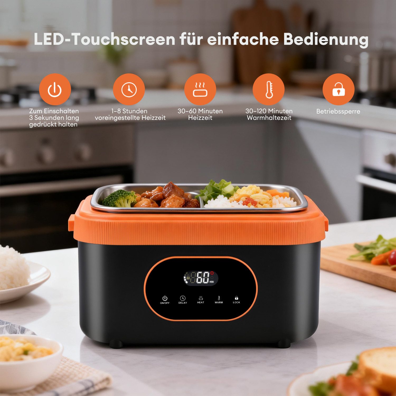 CkeyiN Elektrische Lunchbox Kabellos 1,5 L Batteriebetrieben Beheizbare Lunchbox 18000mAh, 60W selbstheizender Speisenwärmer für Büro Auto Reisen