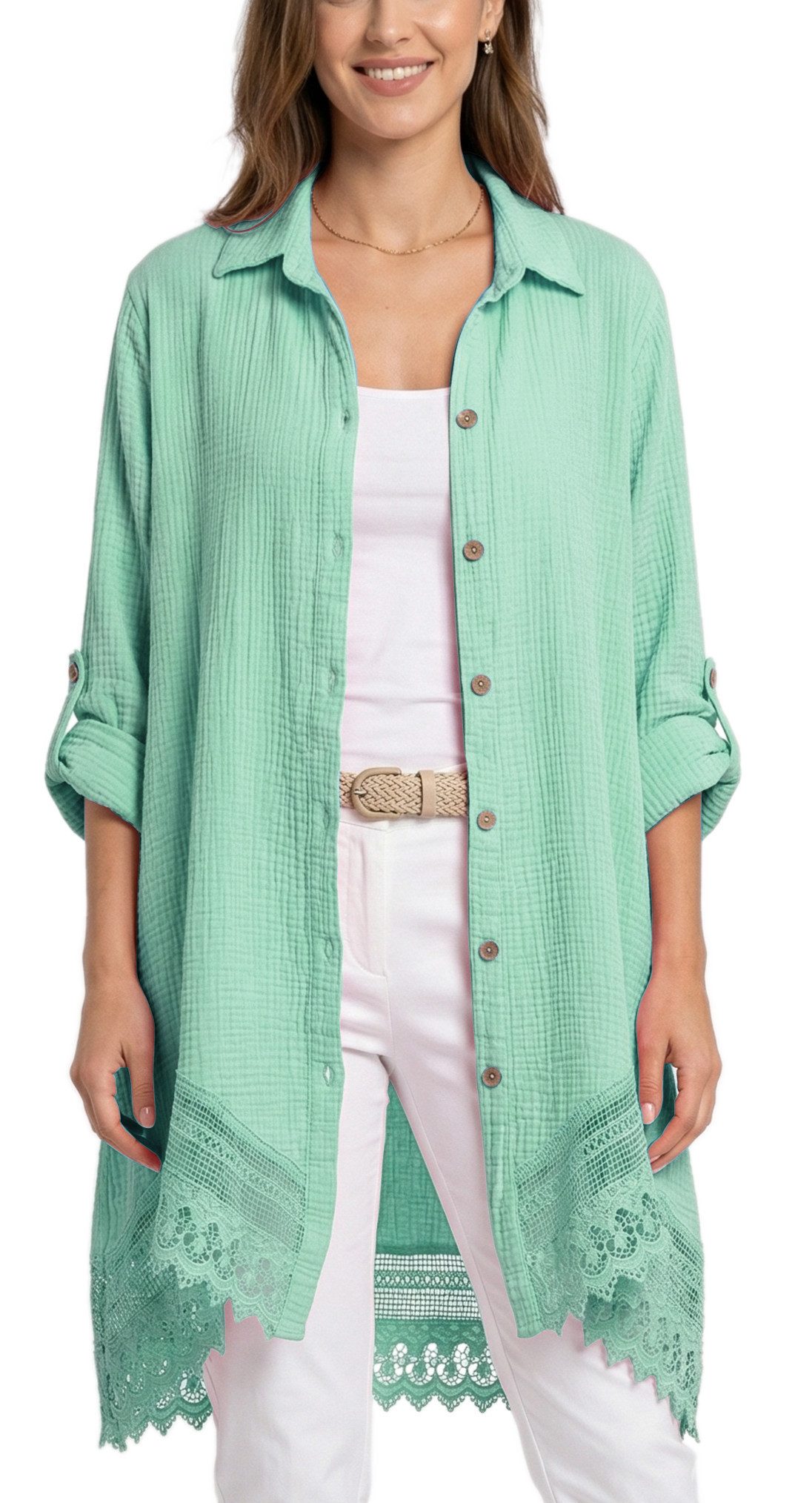 dy_mode Longbluse Damen Oversized Longbluse Musselin Tunika HemdbluseBlusenkleid in Unifarbe, dekorativem Häkel-Saum, Oversize-Passform