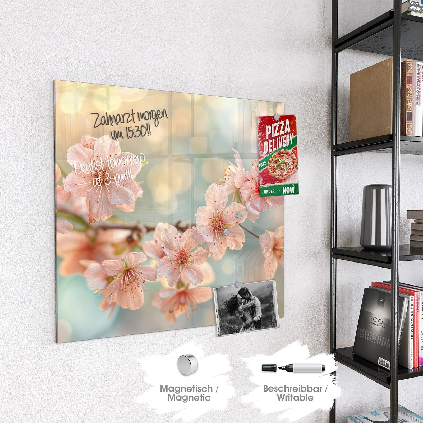 Primedeco Magnettafel Glas Kirschblütenzauber Pinnwand Whiteboard beschreibbar, (Inklusive Stift, Magnete und Montagematerial, 1-tlg., 9 verschiedene Größen), Magnetisch und Beschreibbar