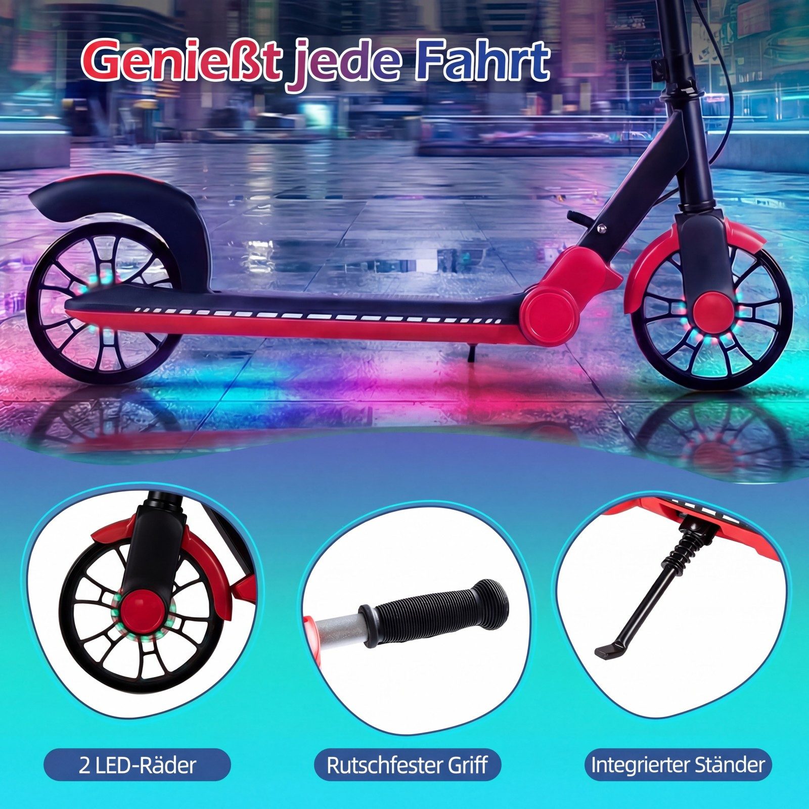 COSTWAY Scooter, Faltbarer, mit 2 leuchtenden Rädern, Hinterradbremse
