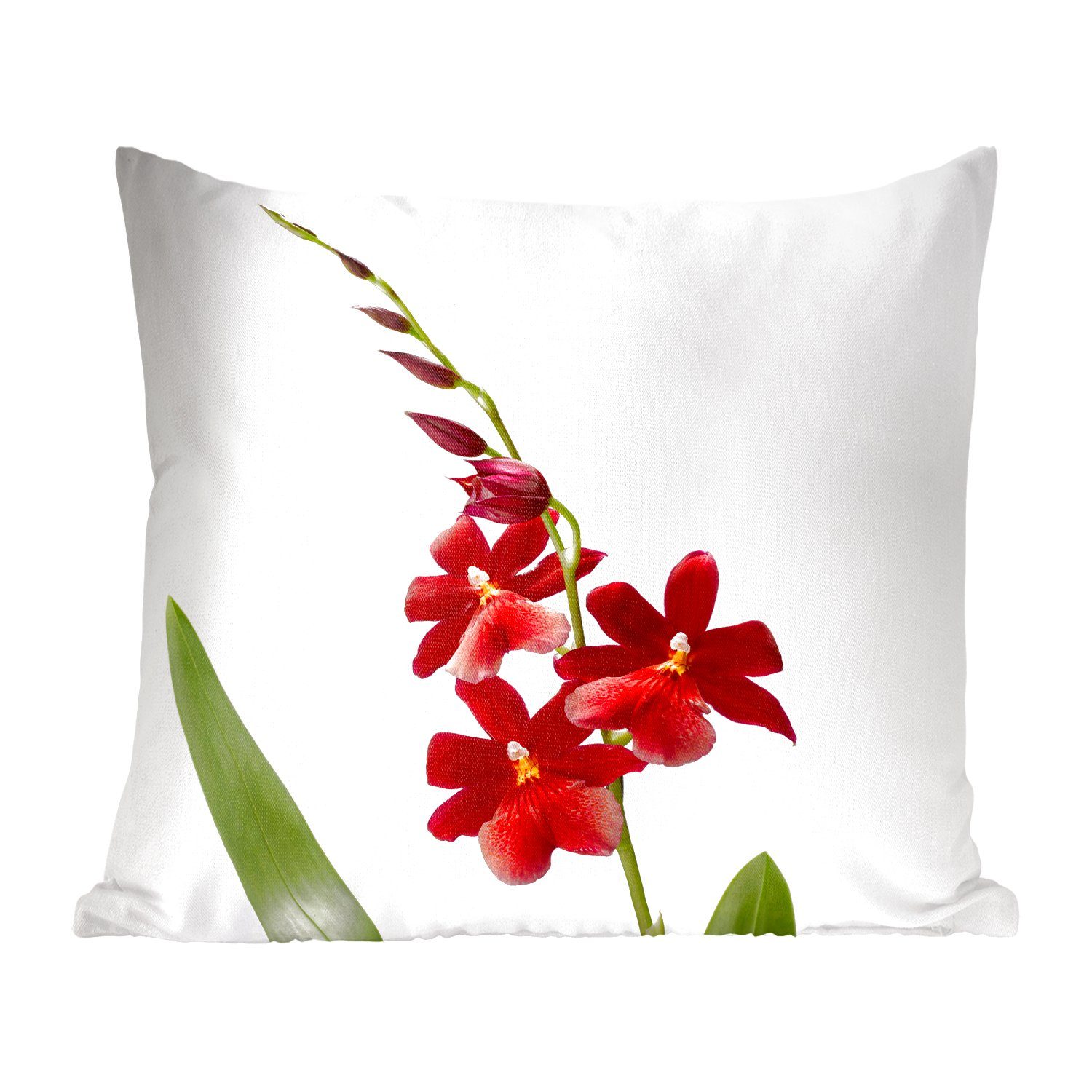 MuchoWow Dekokissen Rote Orchidee mit Blättern auf weißem Hintergrund, Zierkissen mit Füllung für Wohzimmer, Schlafzimmer, Deko, Sofakissen