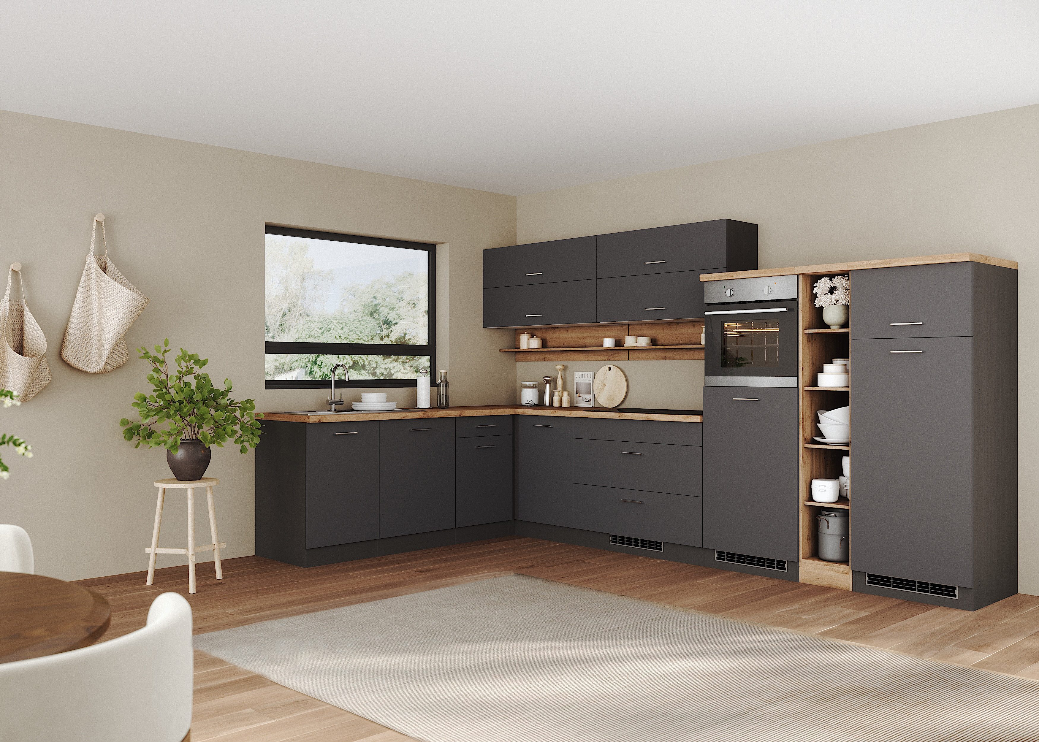 KOCHSTATION Winkelküche KS-Milan, optional mit Muldenlüfter, Stellbr.360/220 cm, wahlweise mit E-Geräten, Kochfeld mit Dunstabzug