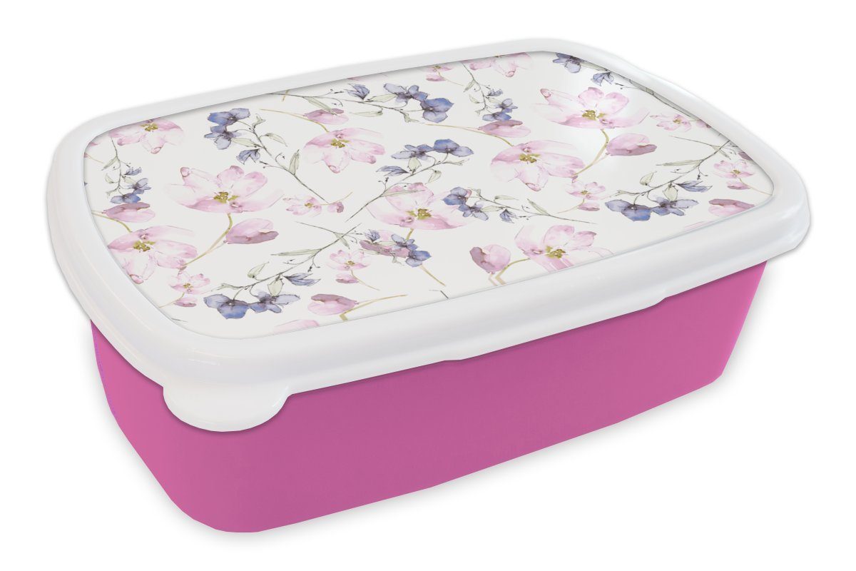 MuchoWow Lunchbox Blumen - Aquarell - Bohème - Muster, Kunststoff, (2-tlg), Brotbox für Erwachsene, Brotdose Kinder, Snackbox, Mädchen, Kunststoff rosa
