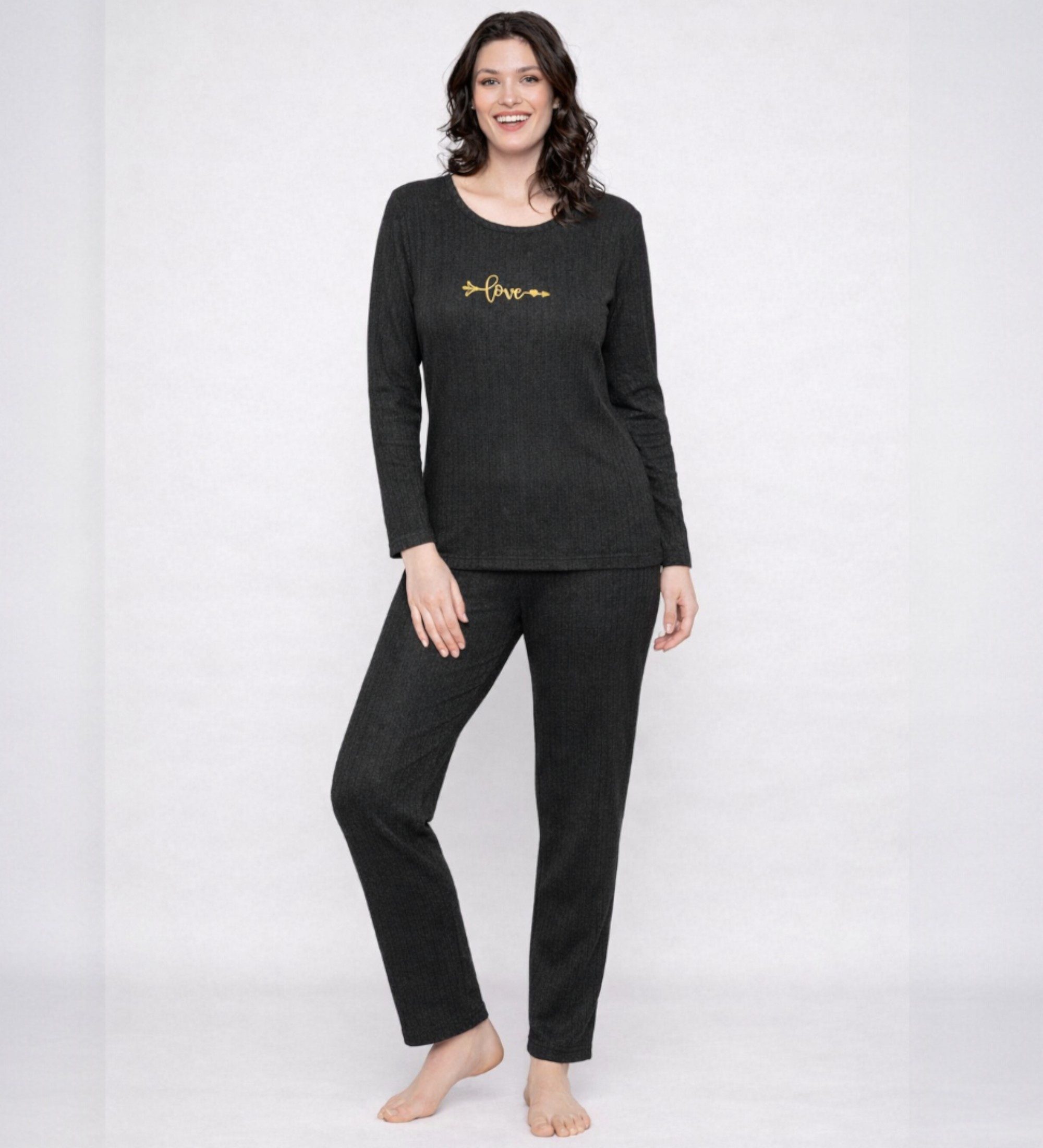 Schlafanzug Damen Pyjama Set Hausanzug aus Baumwolle mit Schriftzug