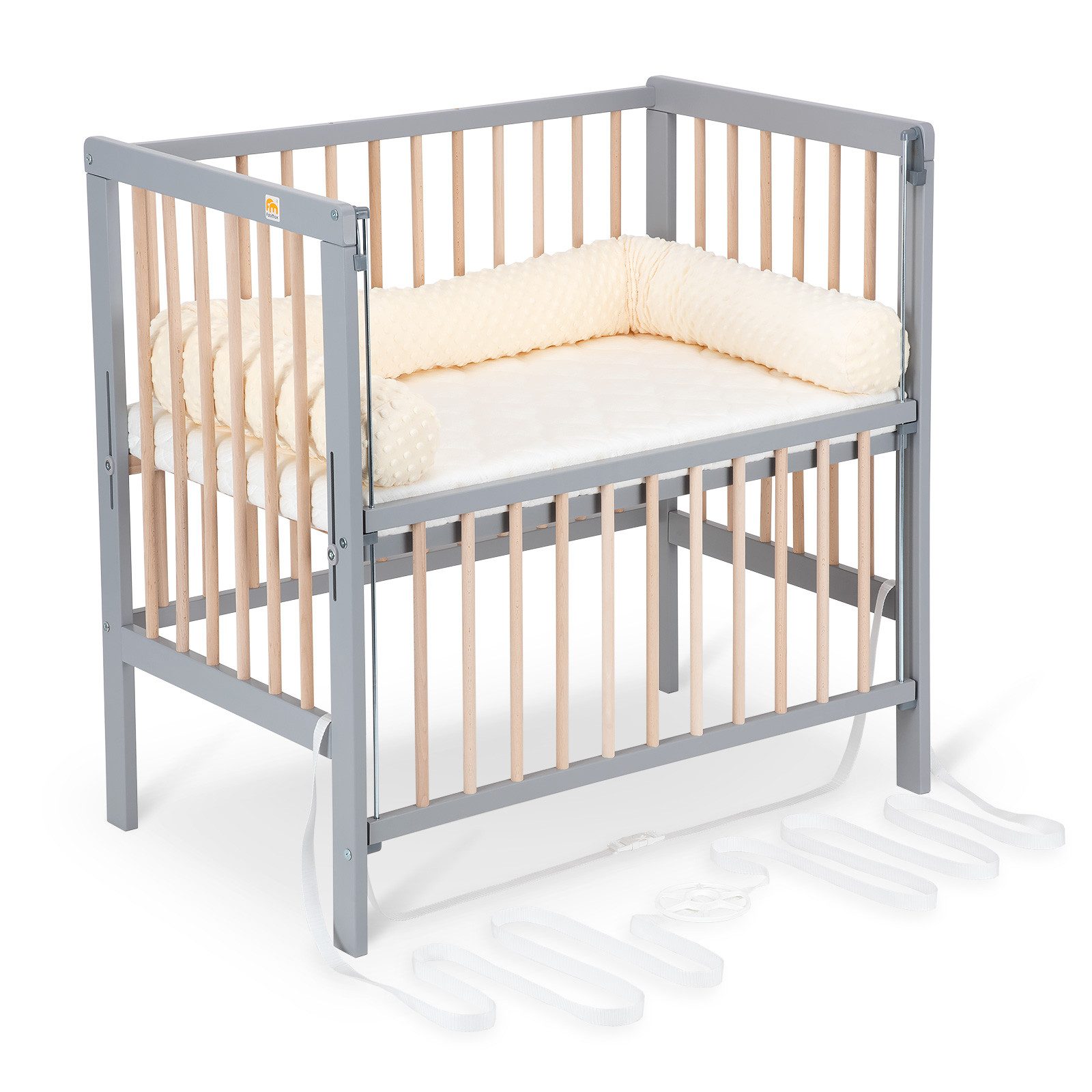 FabiMax Beistellbett Flex grau / natur mit Nestchenschlange, 90 x 55 cm Liegefläche, 2in1, Beistellbett und Stubenbettchen in Einem, innovatives Seitenteil