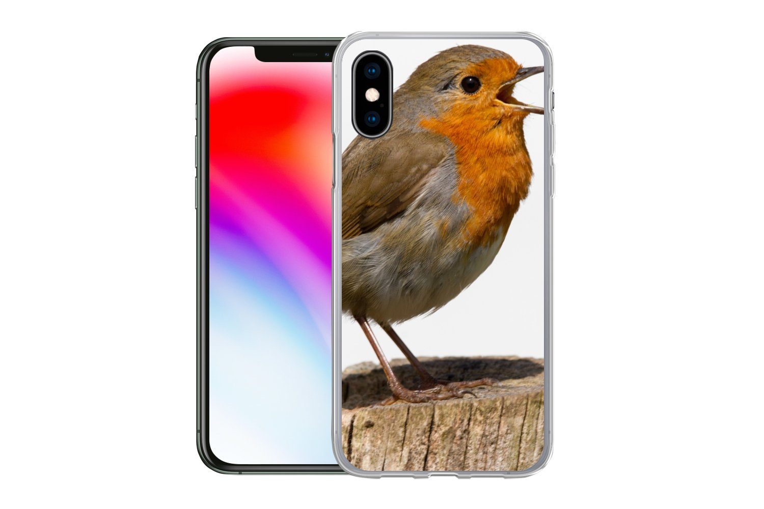 MuchoWow Handyhülle für Apple iPhone X Rotkehlchen - Vogel - Holz, Smartphone-Bumper, Print, Handy Schutzhülle Dünn