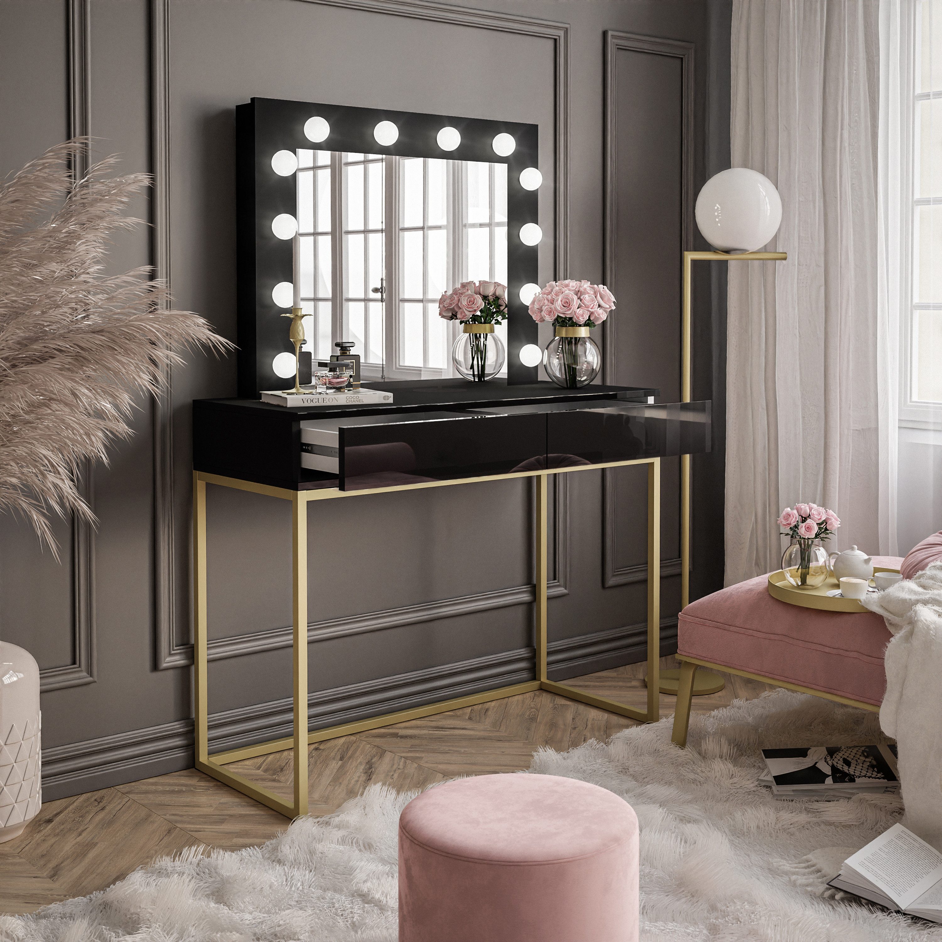 Lookway Schminktisch BLANCO GOLD mit Spiegel und LED-Beleuchtung, 100 cm