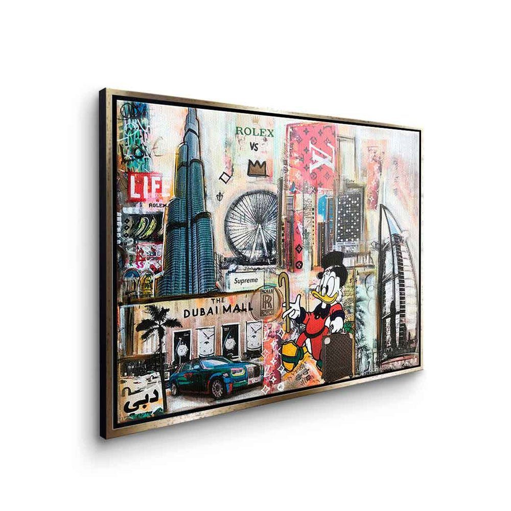 Pop Collage in Skyline Art DOTCOMCANVAS® Dagobert Leinwandbild Leinwandbild Dubai, Dubai Comic Dagobert goldener Duck quer Rahmen