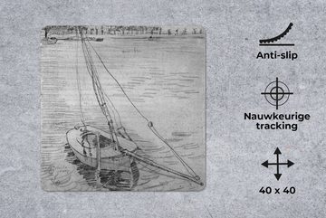 MuchoWow Gaming Mauspad Segelboot auf der Seine bei Asnières - Vincent van Gogh - Schwarz und (1-St), Mousepad mit Rutschfester Unterseite, Gaming, 40x40 cm, XXL, Großes