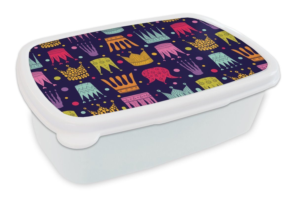MuchoWow Lunchbox Muster - Krone - Farben - Kinder - Kinder, Kunststoff, (2-tlg), Brotbox für Kinder und Erwachsene, Brotdose, für Jungs und Mädchen weiß