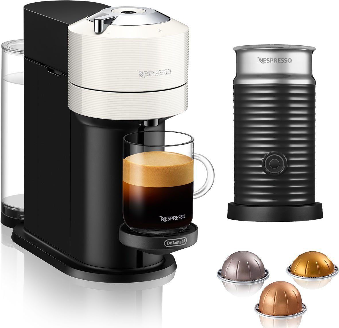 Nespresso Kapselmaschine Vertuo Next ENV 120.W von DeLonghi, White, inkl. Aeroccino Milchaufschäumer im Wert von UVP € 75,-