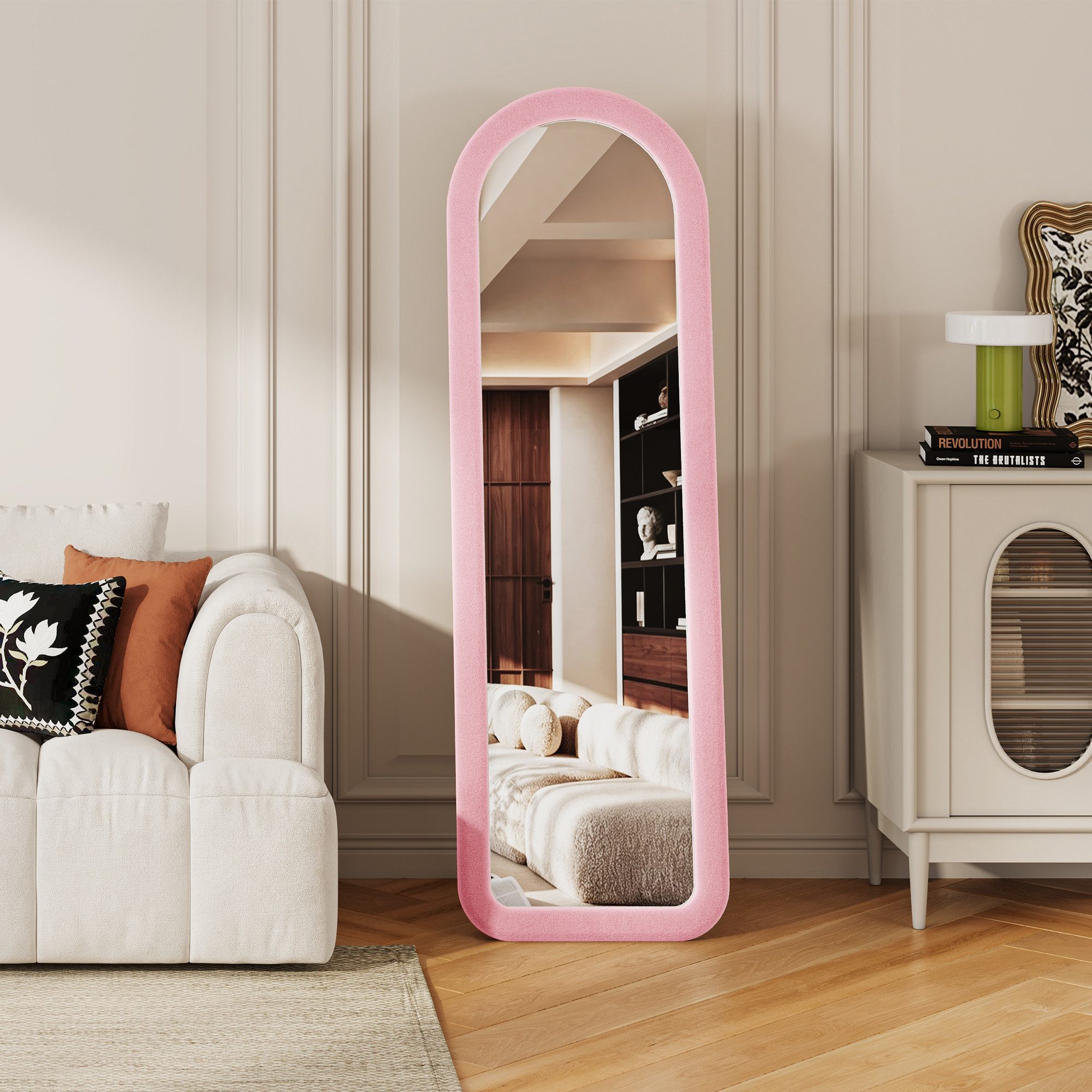 BELUPAI Standspiegel Ganzkörperspiegel Großer Spiegel (Set, 1-St., Wandspiegel Bodenspiegel mit Samtrahmen, Gewölbt), für Schlafzimmer, Wohnzimmer, 160 x 50 cm, Rosa