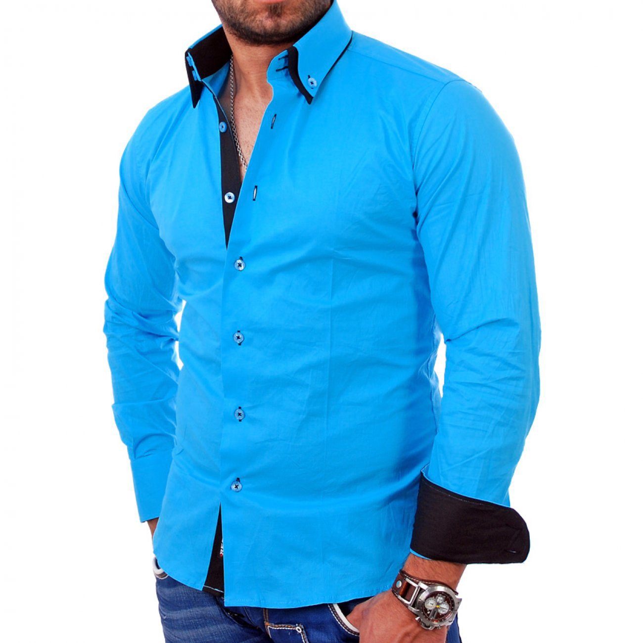 Reslad Langarmhemd Reslad Herren Langarm Hemd Alabama RS-7050 (Herrenhemd) Doppelkragen Kontrast Männer Hemden