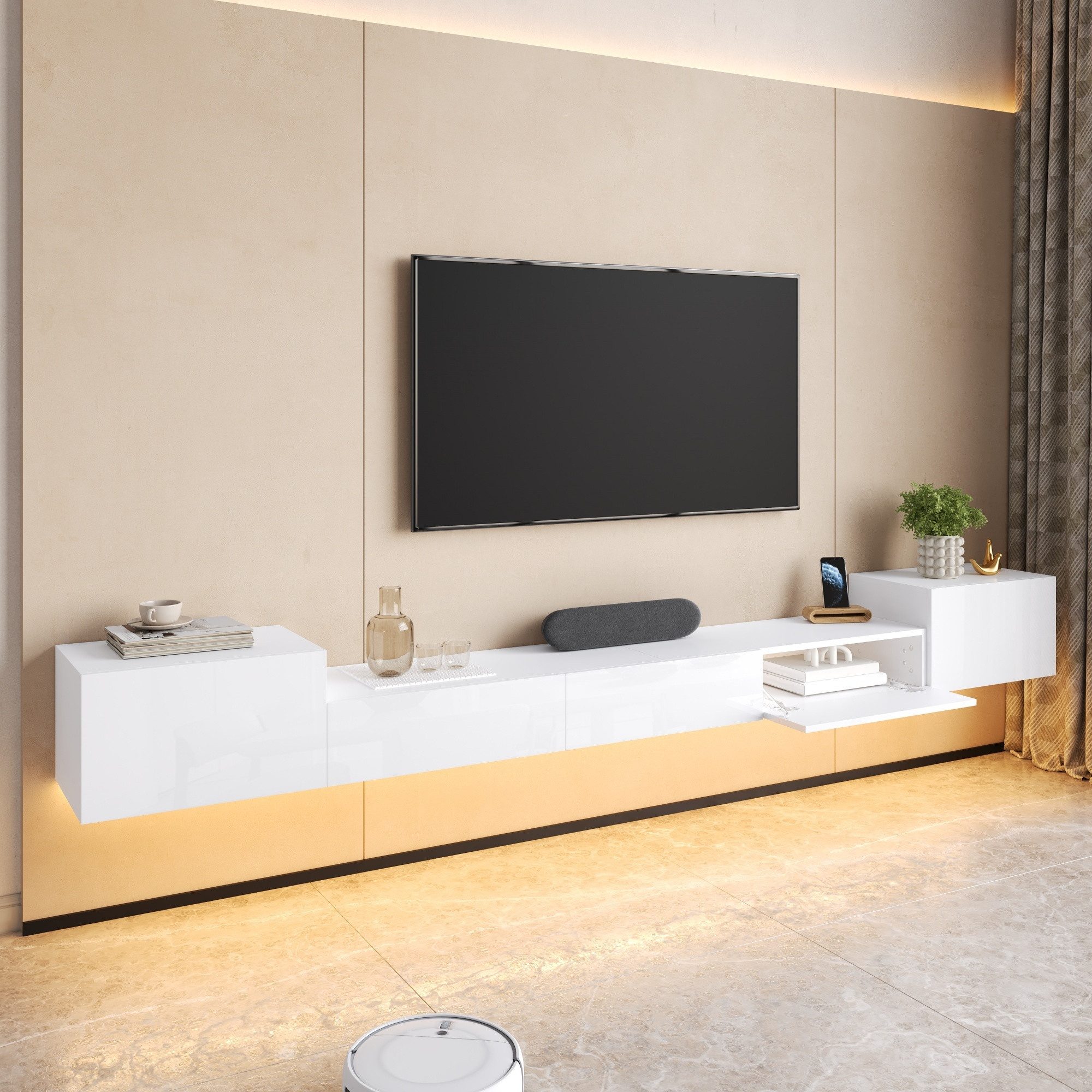 Merax Lowboard mit LED-Beleuchtung, Wandhängendes Fernsehschrank (245 x 30 x 26 cm (L x B x H), 1 St), TV-Schrank mit 3 Türen, Hochglanz-Front, Stauraum & Kabelmanagement