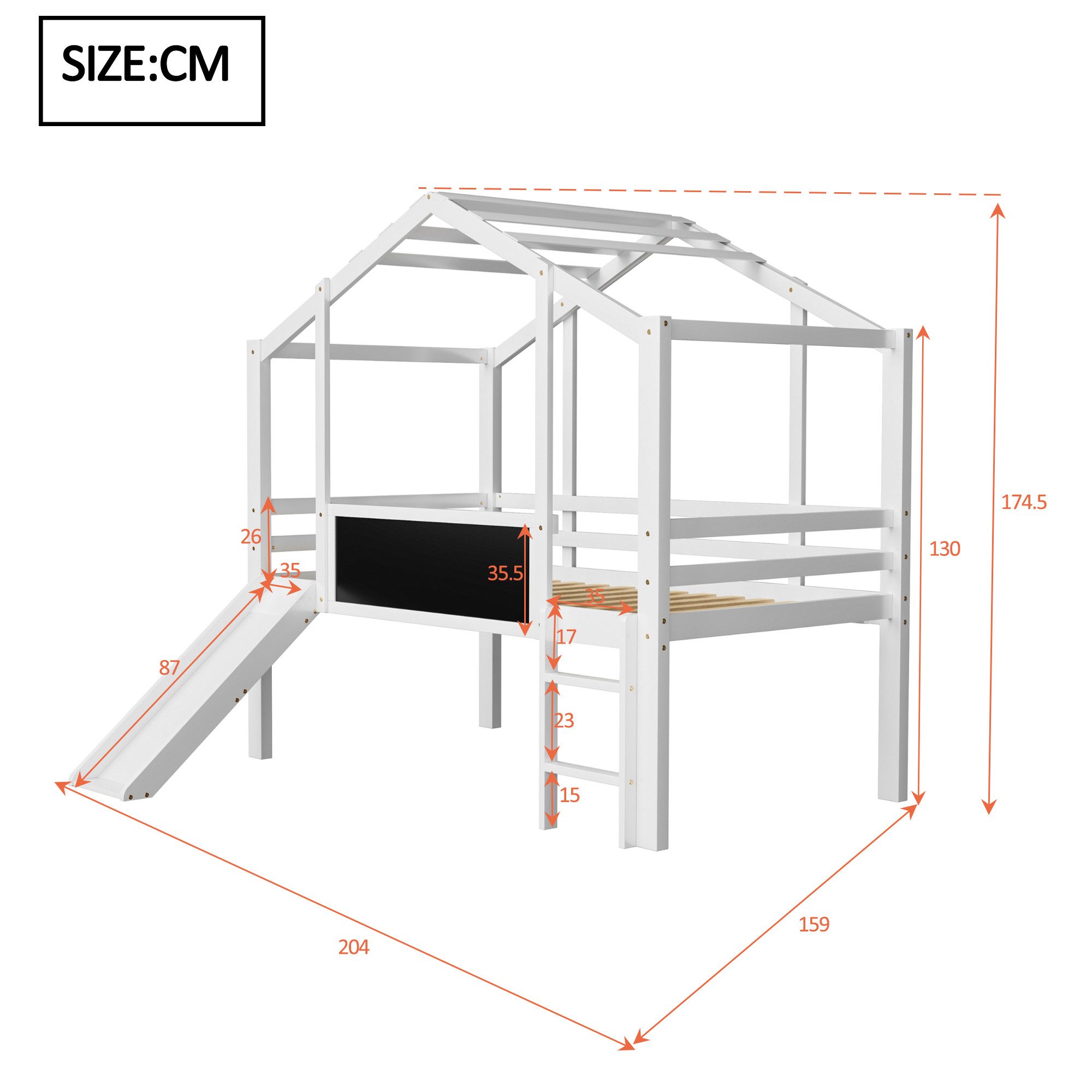 Flieks Hochbett Kinderbett Hausbett 90x200cm mit Graffiti-Tafel, Leiter und Rutsche – Bild 5 von 5