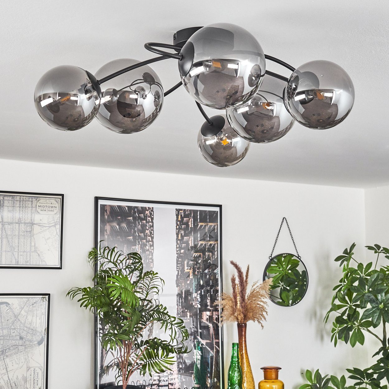 hofstein Deckenleuchte Deckenlampe aus Metall/Glas in Schwarz/Rauchfarben, ohne Leuchtmittel, Leuchte im Retro-Design aus Glas, 6 x G9 LED, ohne Leuchtmittel