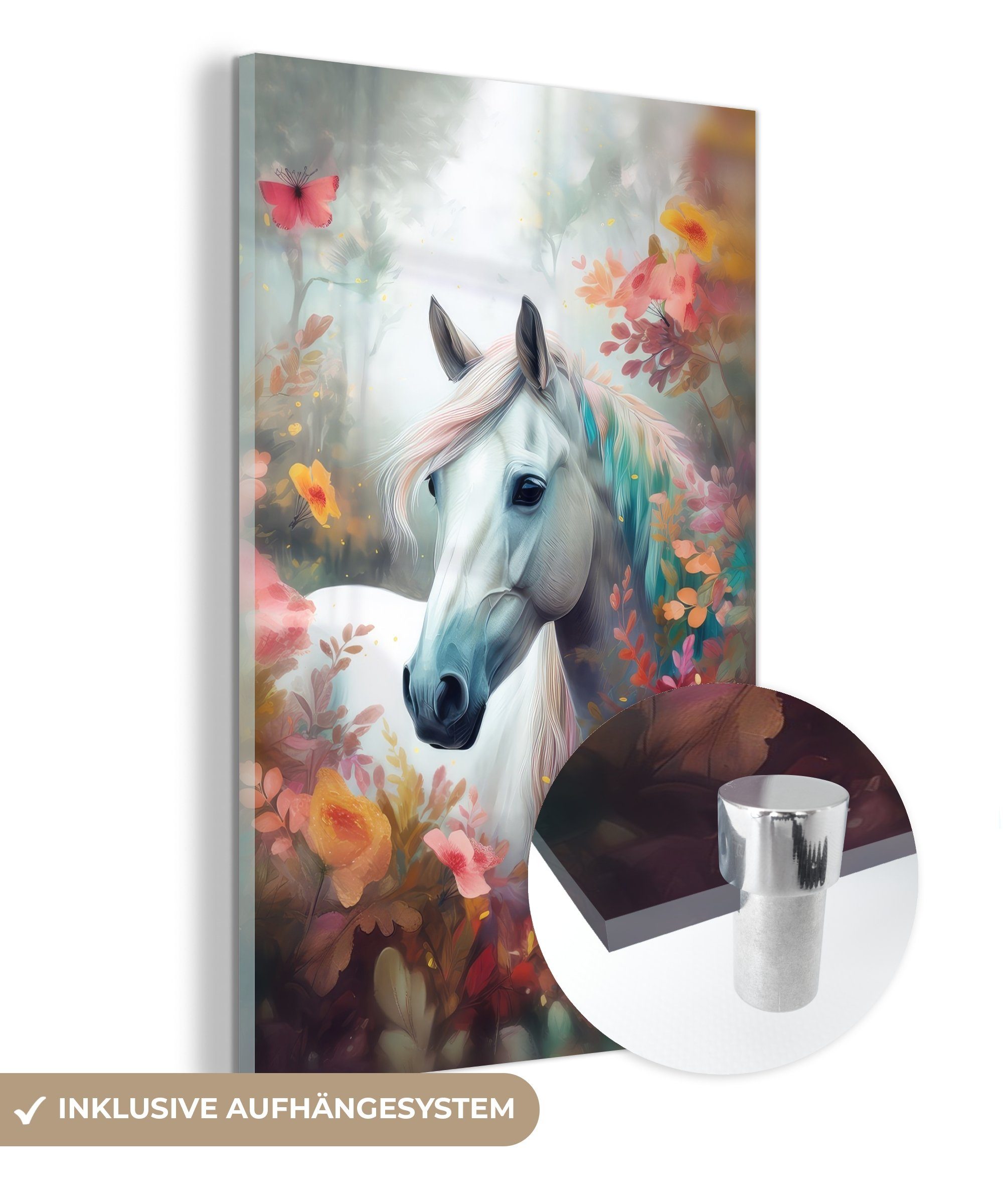 MuchoWow Acrylglasbild Pferd - Natur - Blumen - Tiere - Wald, (1 St), Glasbilder - Bilder auf Glas Wandbild - Foto auf Glas - Wanddekoration