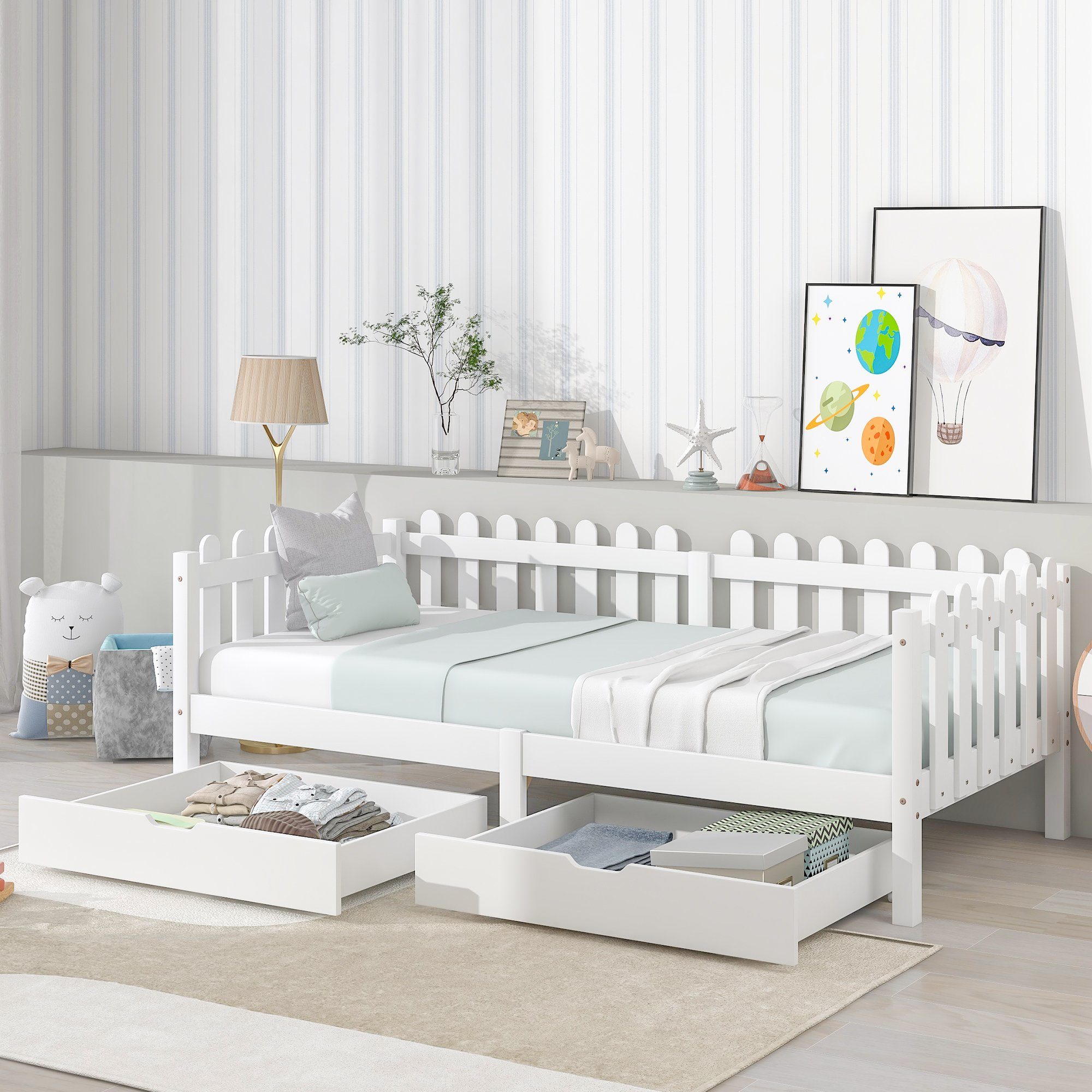 OKWISH Schublade Stauraum unter dem Bett, Zwei Schubladen (MDF + Bodenrollen, 93x67x17cm)