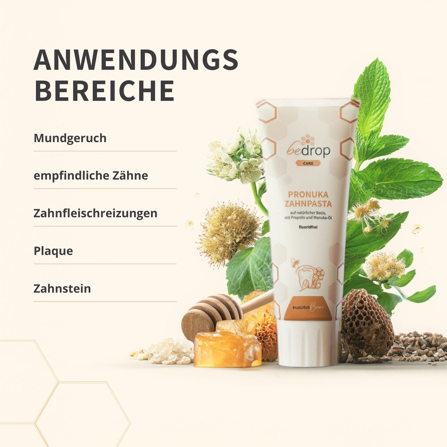 bedrop Zahnpasta Pronuka mit Propolis & Manuka-Öl, fluoridfrei & ohne Titandioxid, (Zahnpasta ohne Fluorid I Fluoridfrei I Zahnpasta weiße Zähne I Zahncreme) sanfte Zahnpflege und frischen Atem – ganz ohne Fluorid