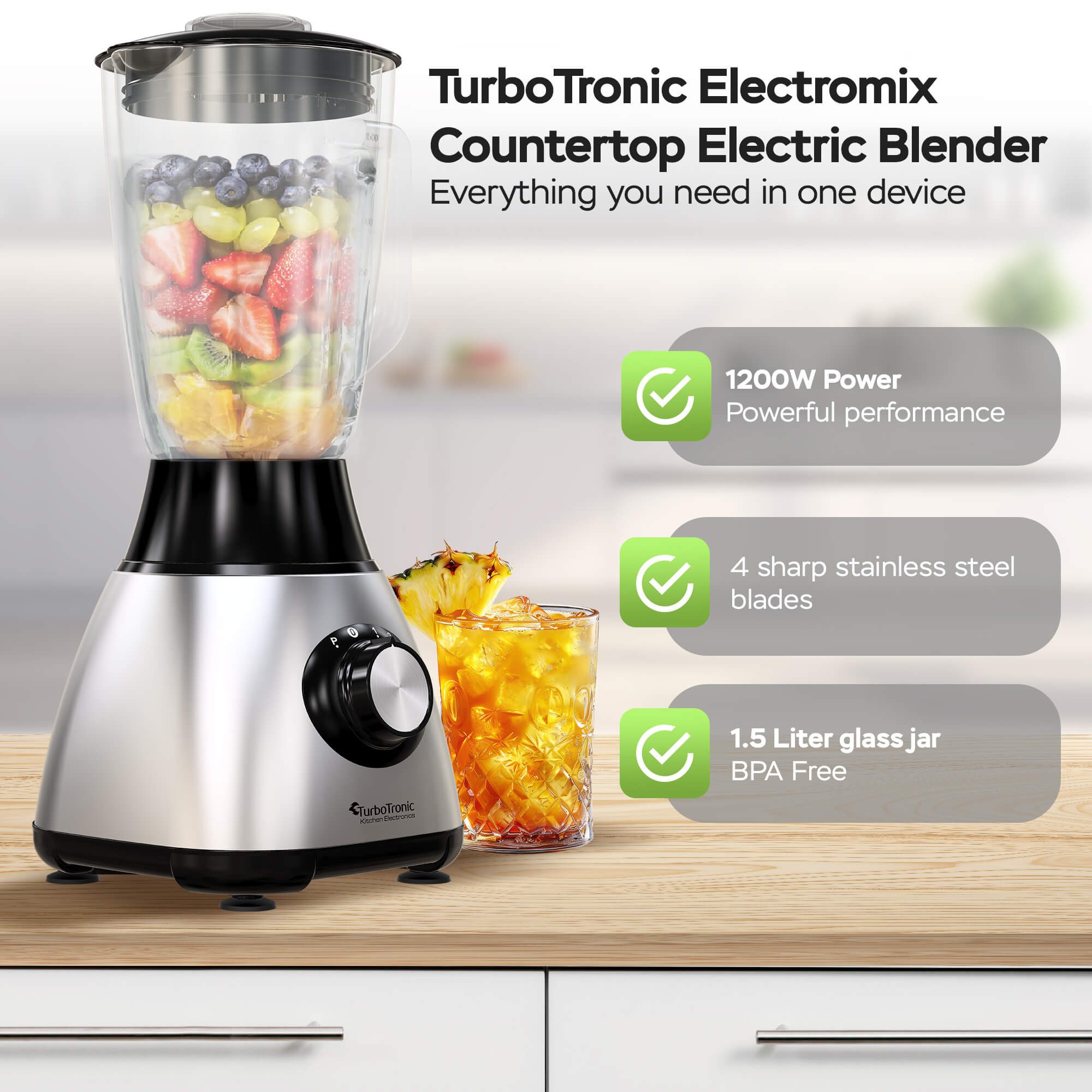TurboTronic by Z-Line Standmixer BG5 Hochleistungsmixer 1,5L Glasbehälter, Smoothie Maker Juice 1200W, 1200 W, 4 Edelstahlklingen Milchshaker Sauce Eiscreme Pulsfunktion Ice Crusher