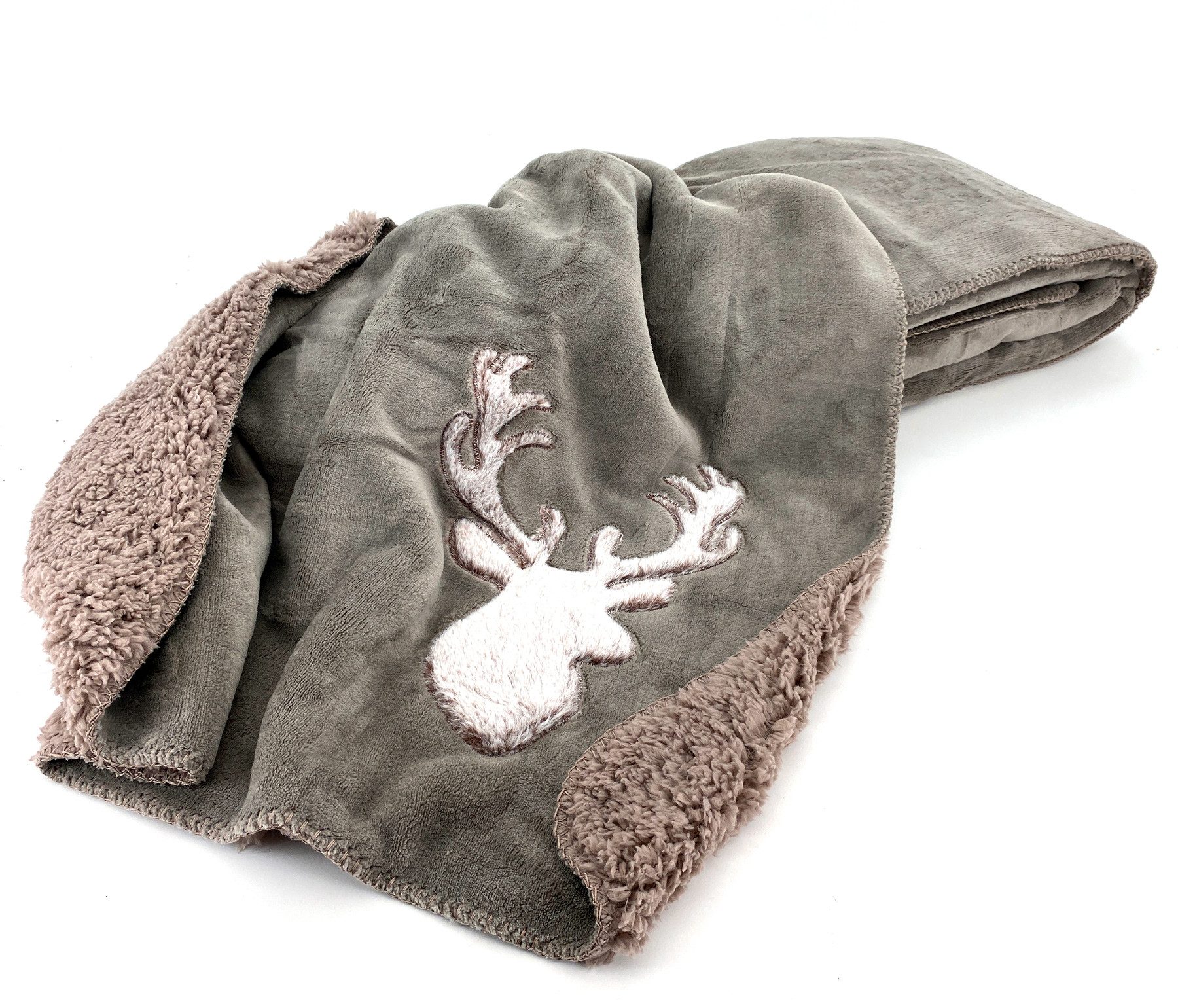 Wohndecke Kuscheldecke Hirsch Fell-Imitat Sofadecke Landhaus, heimtexland, 150x200 I kuschelig weich I warm I flauschig I Chalet Design