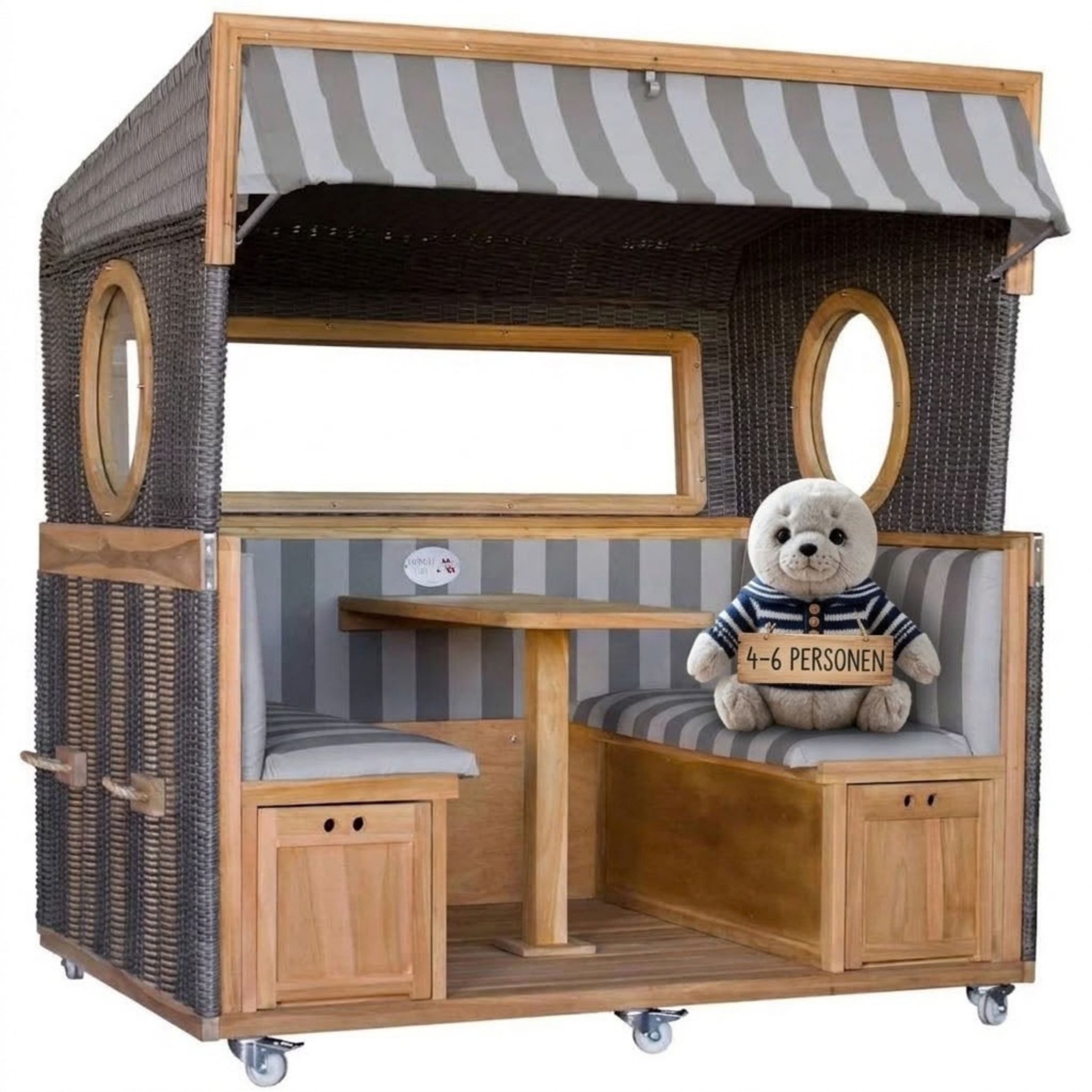 MR.DEKO Strandkorb Gosch-Lounge Strandkorb 6-Sitzer XXL Teak PE Grey ERA Dessin 981, BxTxH: 200x158x207 cm, Gosch-Lounge, (4 Personen, inkl. Tisch, Stauraum & Rollen – für Outdoor geeignet, 1-tlg., Lounge-Strandkorb Gosch 4-Sitzer), Fertig montiert, Strandkorb XXL Teakholz, PE-Geflecht, Sicherheitsglas