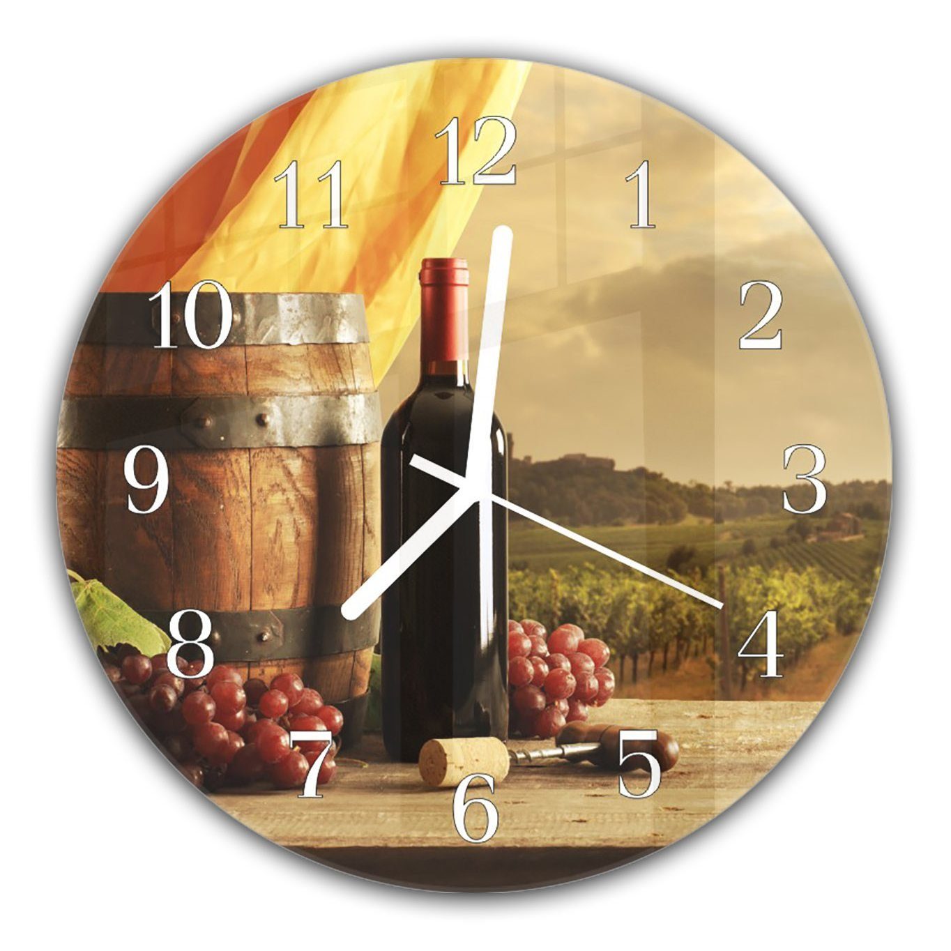 Primedeco Wanduhr Wanduhr aus Glas mit Motiv Rotweinflasche neben Weinfass - Rund mit Durchmesser 30 cm und Quarzuhrwerk | Wanduhren