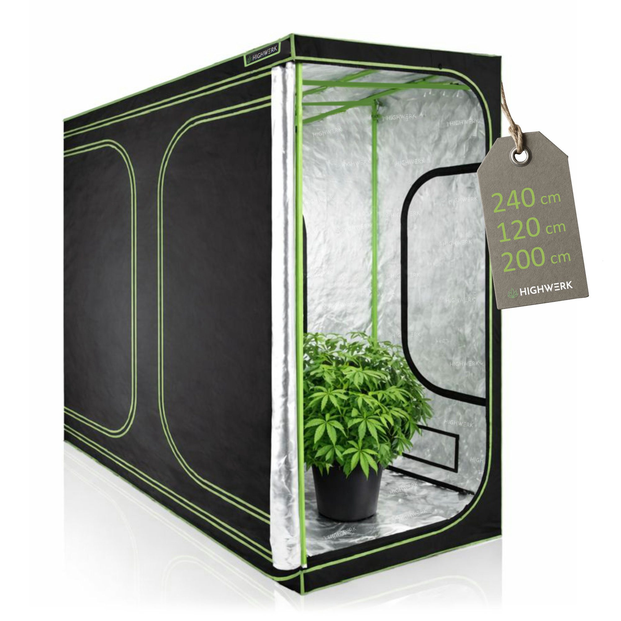 HIGHWERK Gewächshaus Growzelt 240 x 120 x 200 cm, "MyHomeGrow" Grow Tent, schwarz grün, Wasserfester Bodeneinsatz