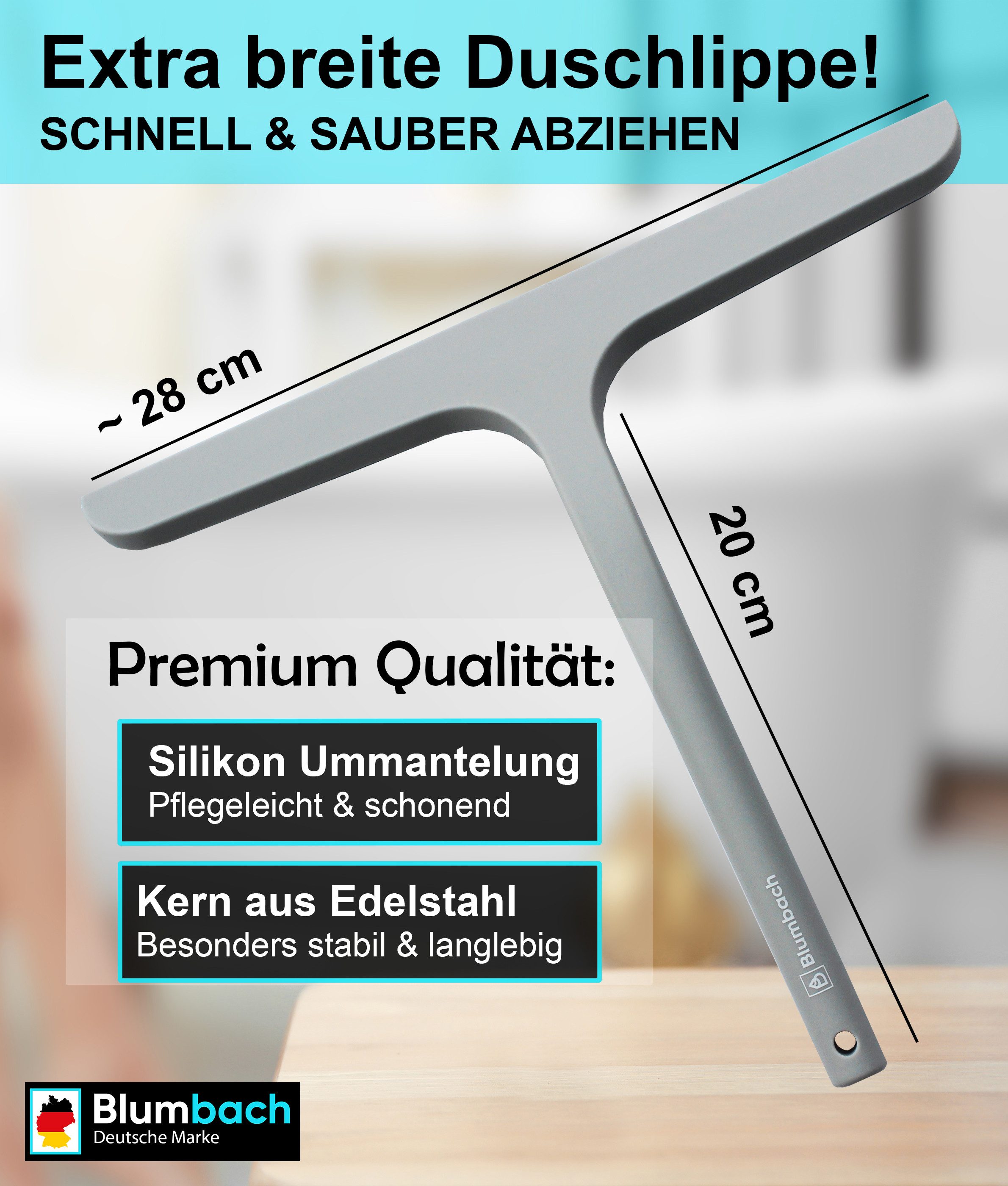 Blumbach Duschabzieher - Silikon Abzieher mit Edelstahlkern, elastisches Wischblatt 28 cm, (Abzieher Dusche mit 2 Halterungen), Premium Duschabzieher 28 cm