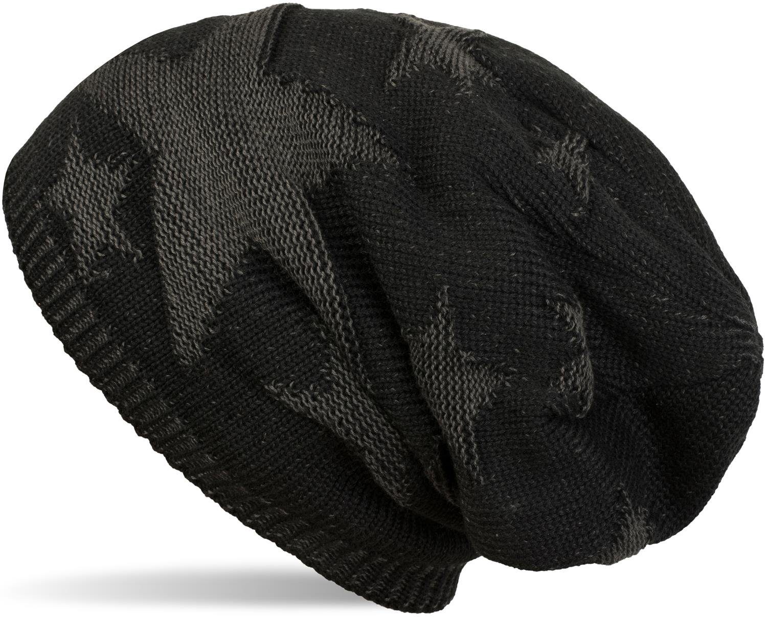 Beanie Sterne Schwarz Feinstrick styleBREAKER mit Strickmütze Muster (1-St)