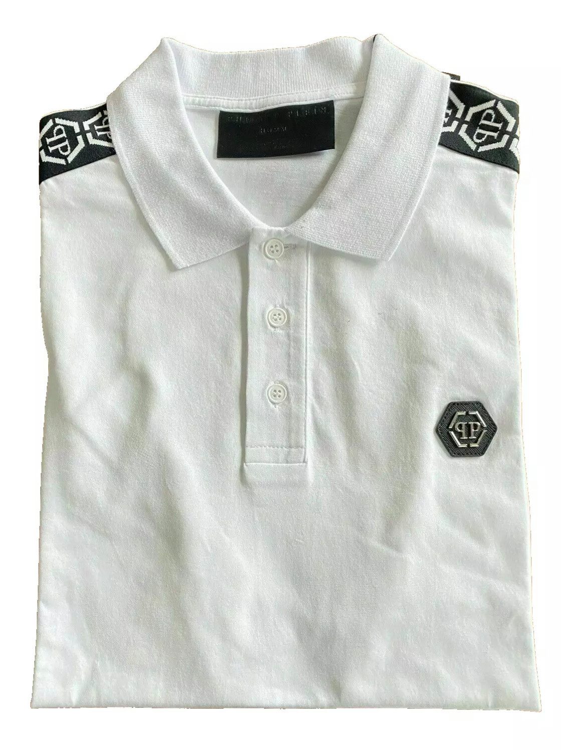 Philip Plein Poloshirt Polohemd mit Tape Streifen PP Hexagon Leder-Patch Slim Fit Doppelnadel-Nähten, ikonischen Philipp Plein Tape-Streifen