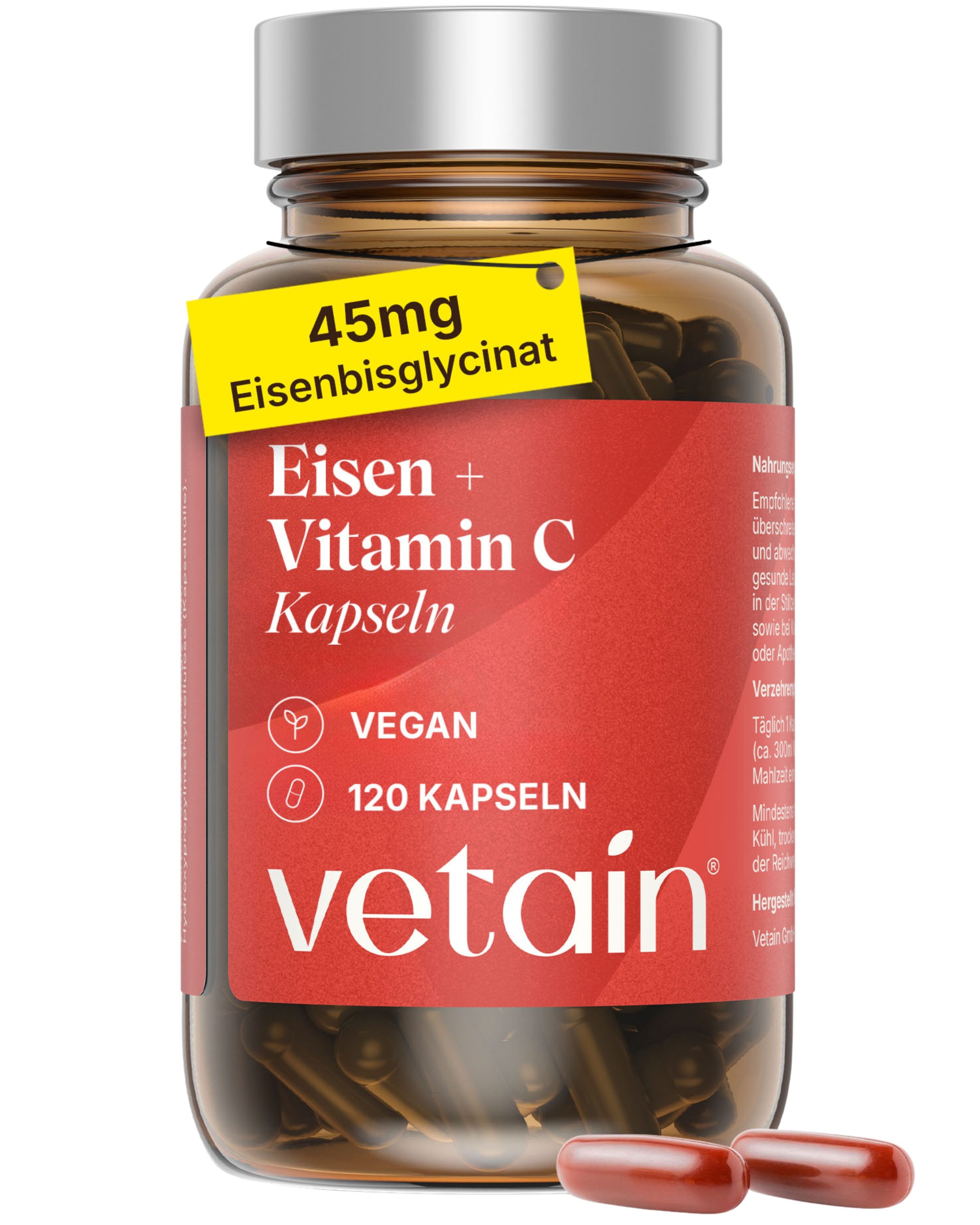 VETAIN Eisen 45mg + 250mg Vitamin C – hochdosiert, vegan - 120 Kapseln
