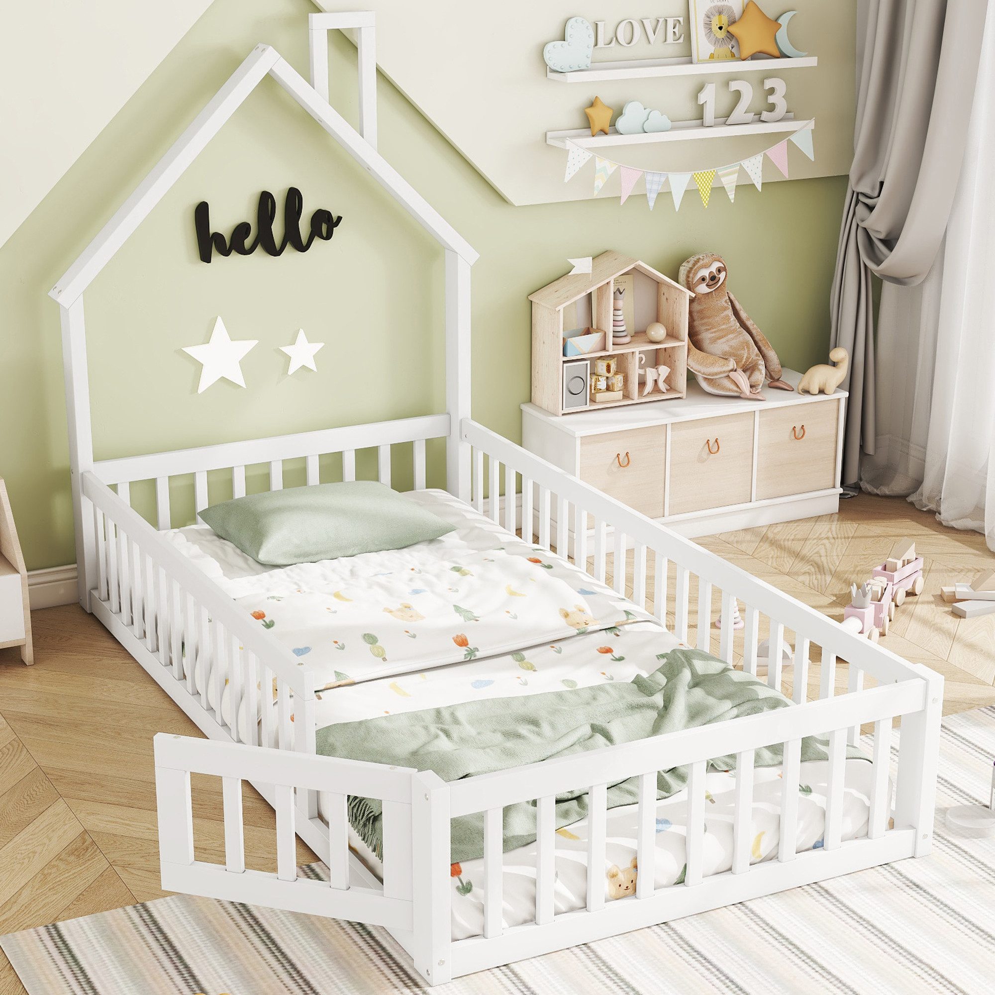 STILVORA Kinderbett in Hausform 90x200 mit Lattenrost,Hausbett ohne matratze,weiß (mit Schornsteinform und Lattenrost, aus Kiefernholz, 90x200 cm), ohne Matratze