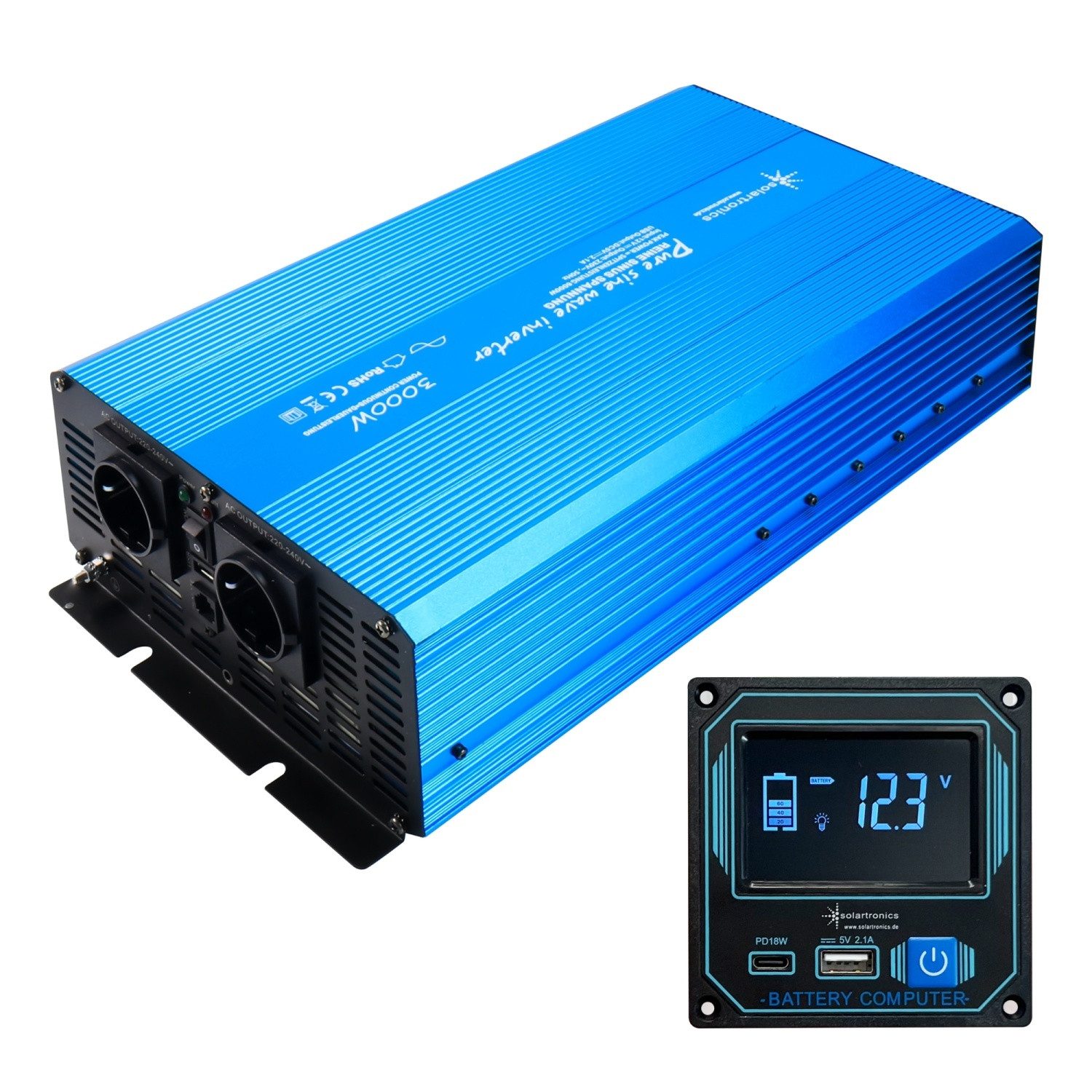 solartronics Wechselrichter 3000W 12V Spannungswandler mit DE80D Kabelfernbedienung