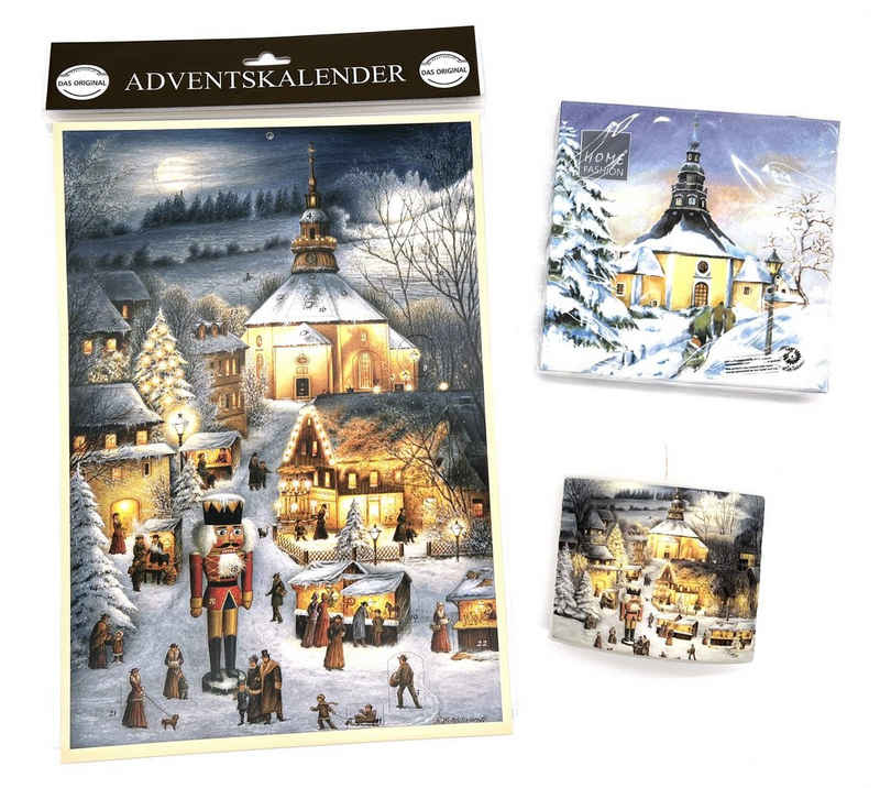 Richard Glaesser Adventskalender Adventskalender, Kerze, Papierservietten Geschenkset mit Motiv Seiffen, Geschenkset