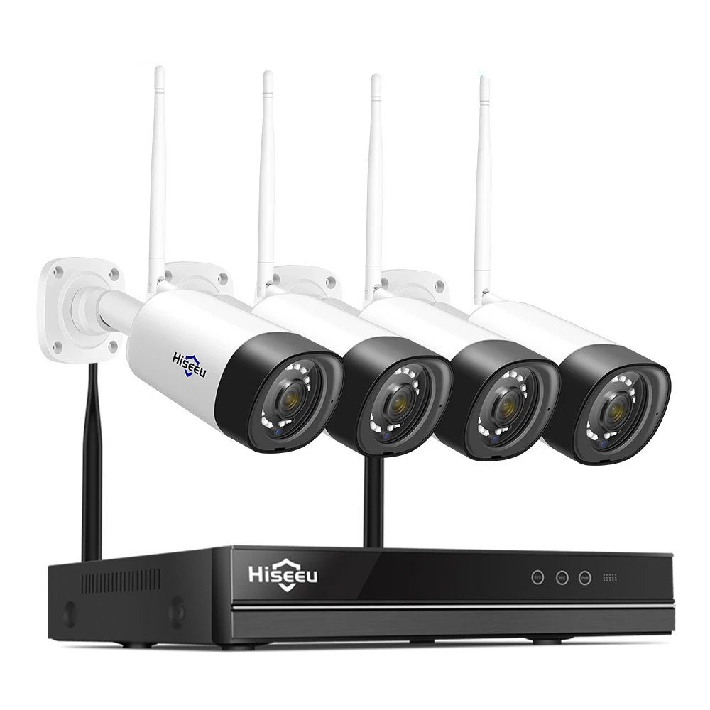Hiseeu WNKIT-4HB312 Überwachungskamera (Außenbereich, 4-tlg., 8CH 3MP 1536P  Drahtloses CCTV-Sicherheitssystem NVR-Kit IR-Audioaufzeichnung im Freien IP- Kamera Wasserdichtes Wifi-NVR-Kit Videoüberwachung)