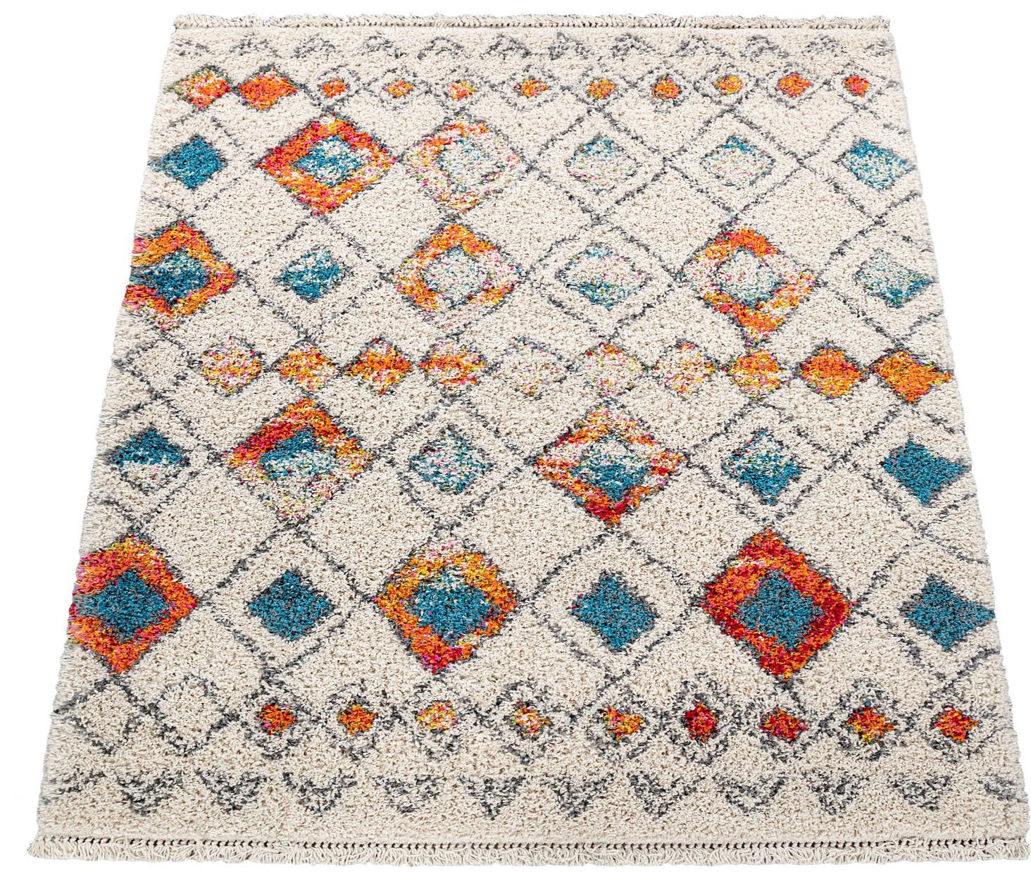 Hochflor-Teppich Wooly 283, Paco Home, rechteckig, Höhe: 39 mm, Berber  Design, Rauten Motiv, weich & kuschelig, mit Fransen