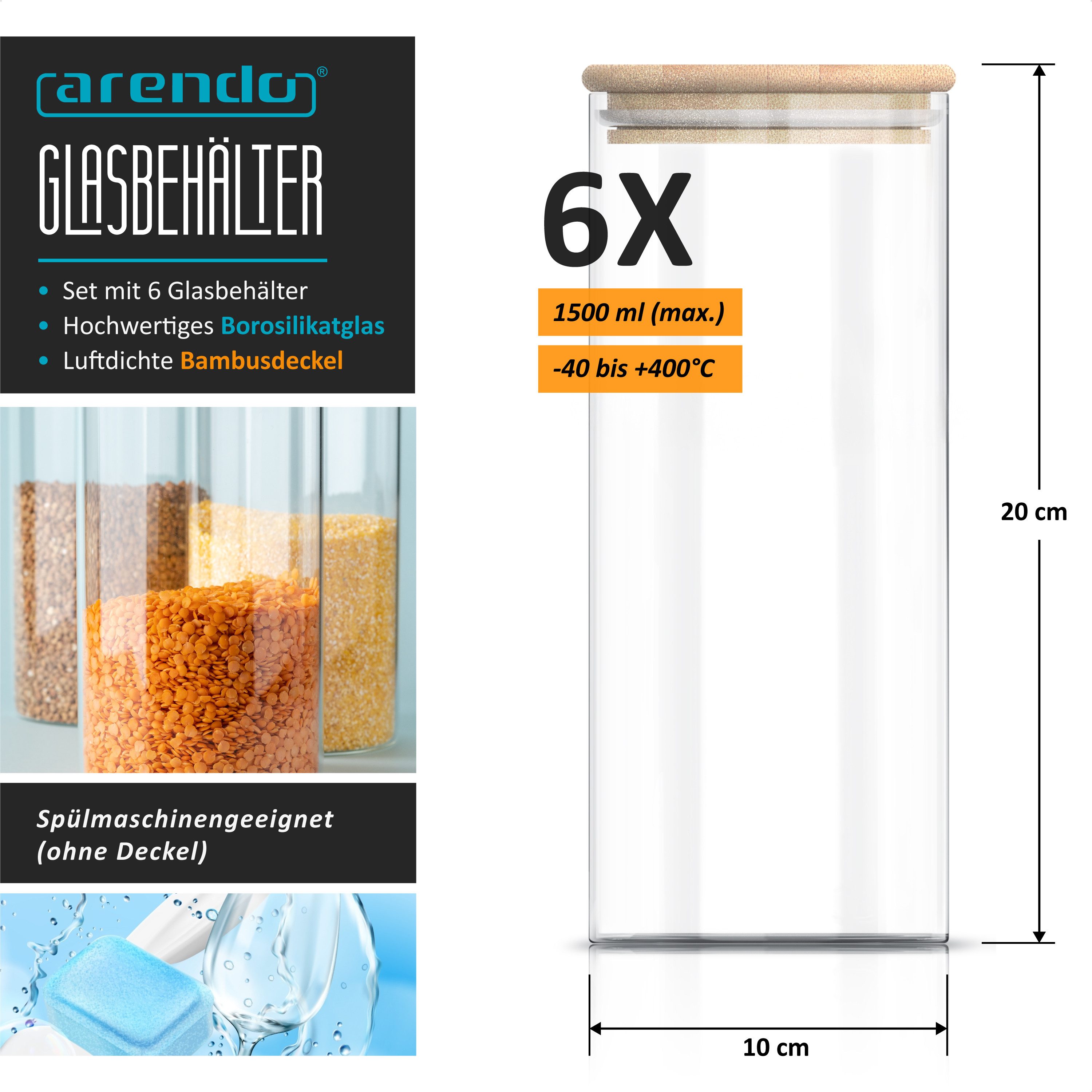 Arendo Aufbewahrungsbecher Glasbehälter-Set 6x 1,5 L Borosilikatglas mit Bambusdeckel, luftdicht, Borosilikatglas, Bambus, Silikon, (Vorratsbehälter-Set, 6-tlg. – Bild 2 von 5