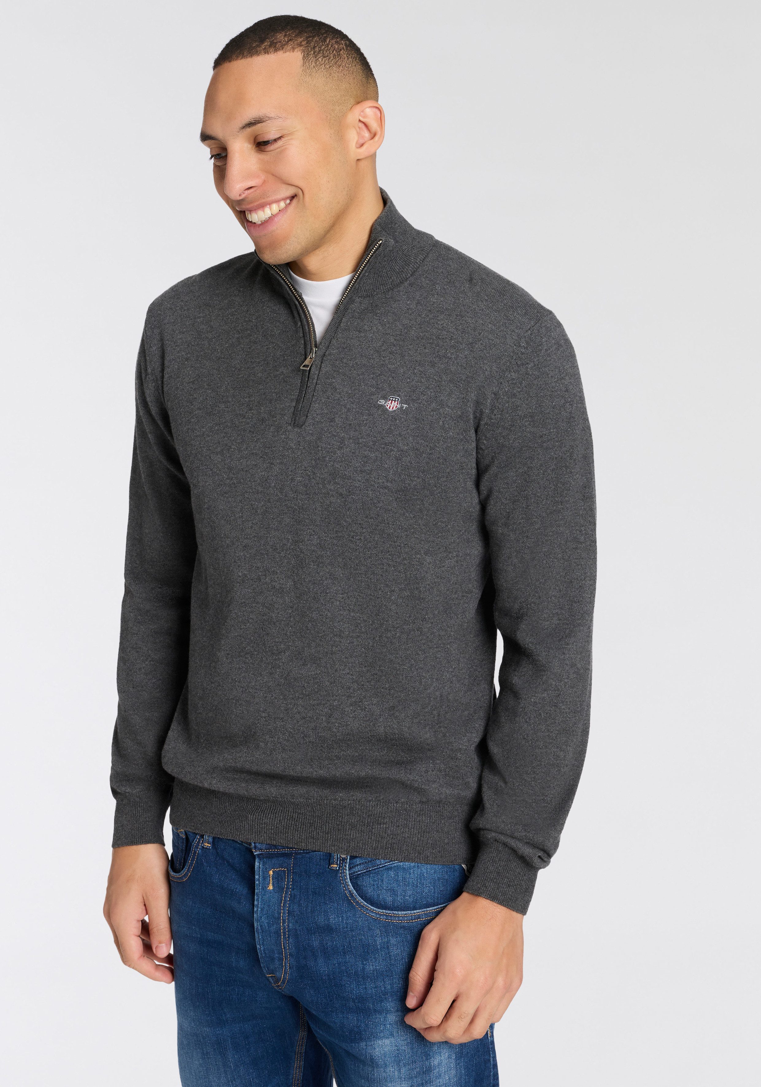 Gant Stehkragenpullover COTTON/WOLL HALF ZIP mit Rippstrick-Details, normale Passform