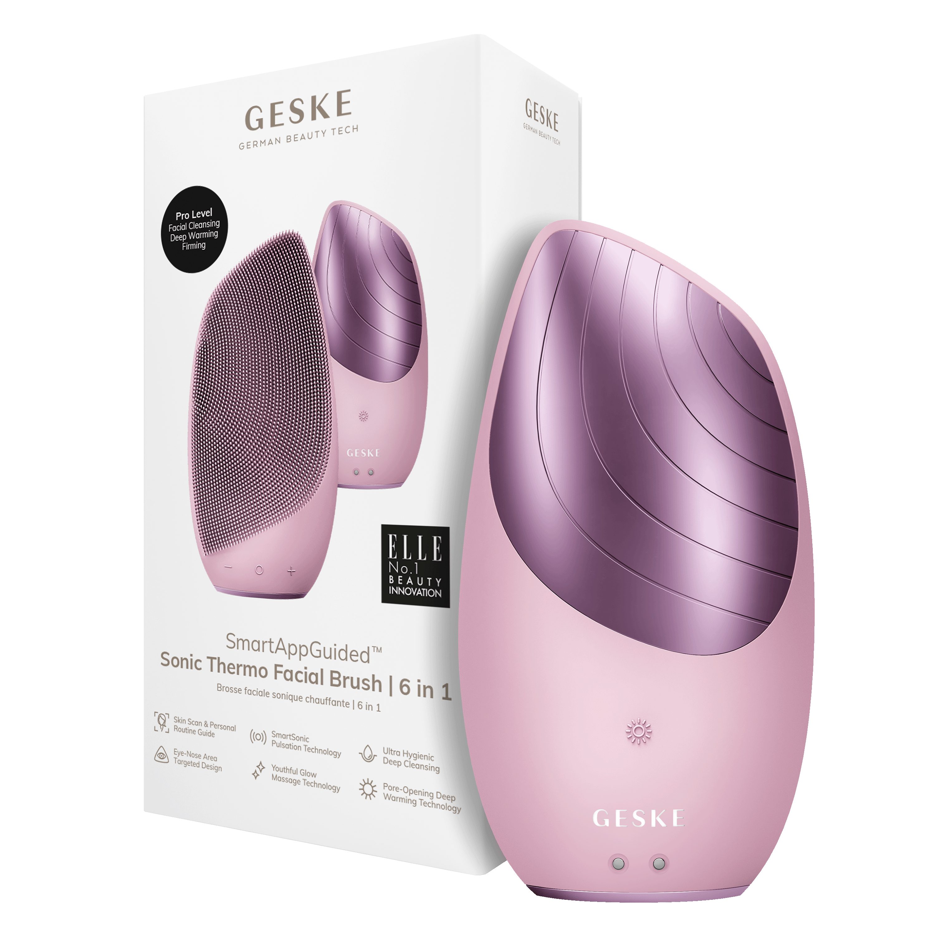 Thermo in inkl. 2-tlg., Beauty Pink SmartSonic & Facial & Gerät 6 1, Tech Sonic Pulsation- USB-Ladekabel), Device), (Gerät Gesichtsreinigungsbürste SmartAppGuided™ Anti-Aging APP German Massage-, kostenloser Elektrische (SmartAppGuided Tiefen-Wärme-Technologie Packung GESKE Brush