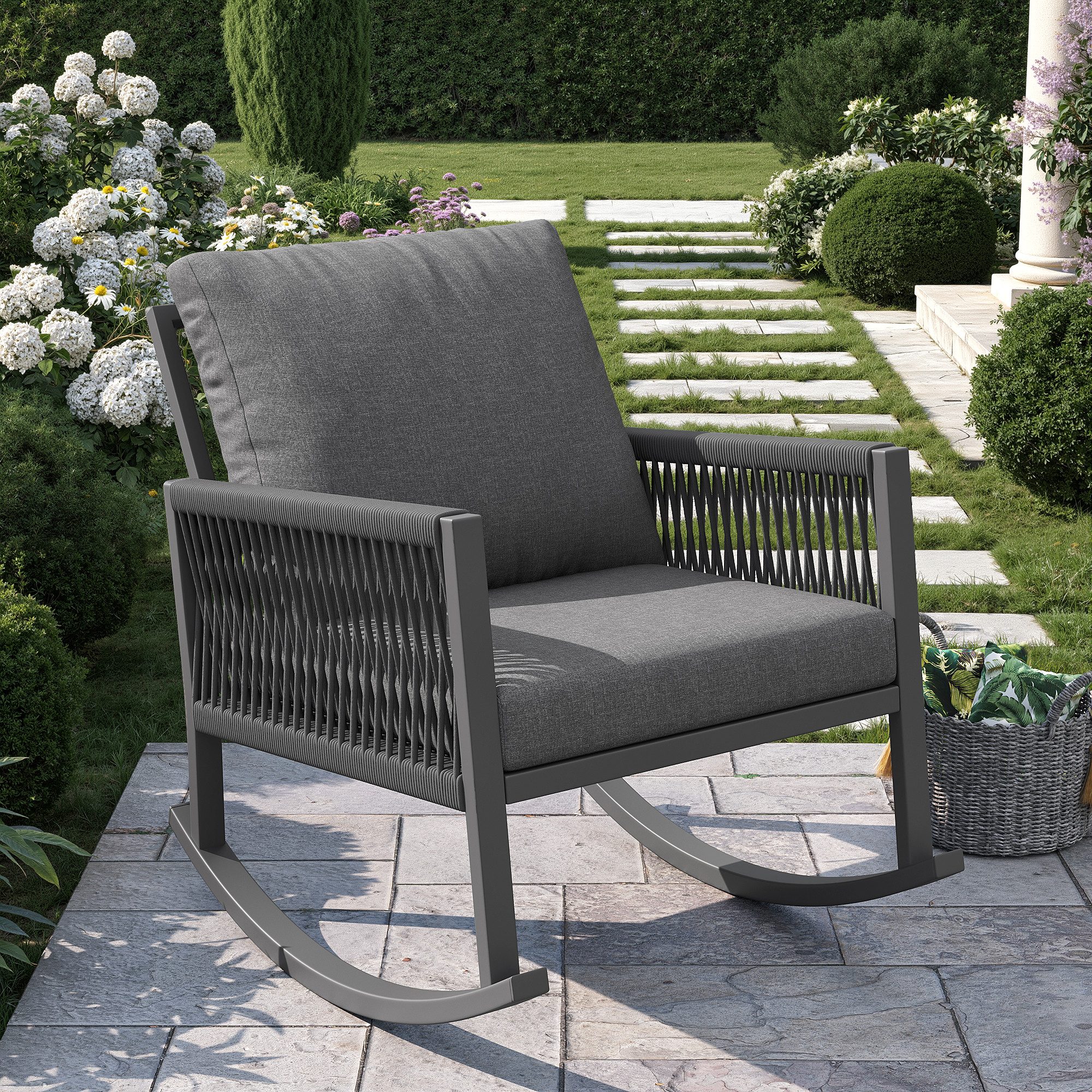 MODFU Schaukelstuhl Outdoor-Schaukelstuhl (wetterfester Metallrahmen, komfortable Kissen, max. 120 kg, für Garten & Terrasse, 1 St)