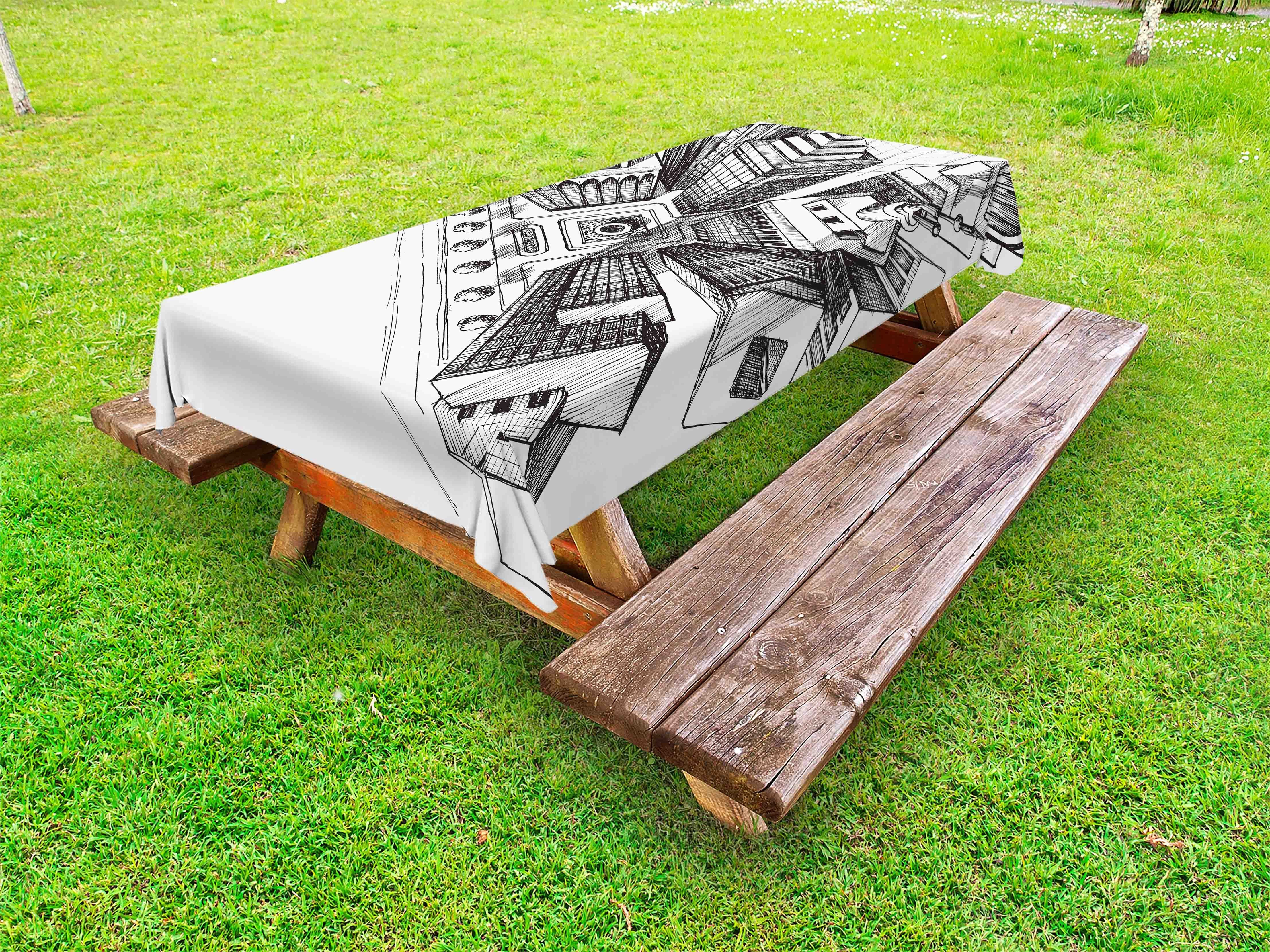 Abakuhaus Tischdecke dekorative waschbare Picknick-Tischdecke, Stadt Luftaufnahme Skizze Wolkenkratzer