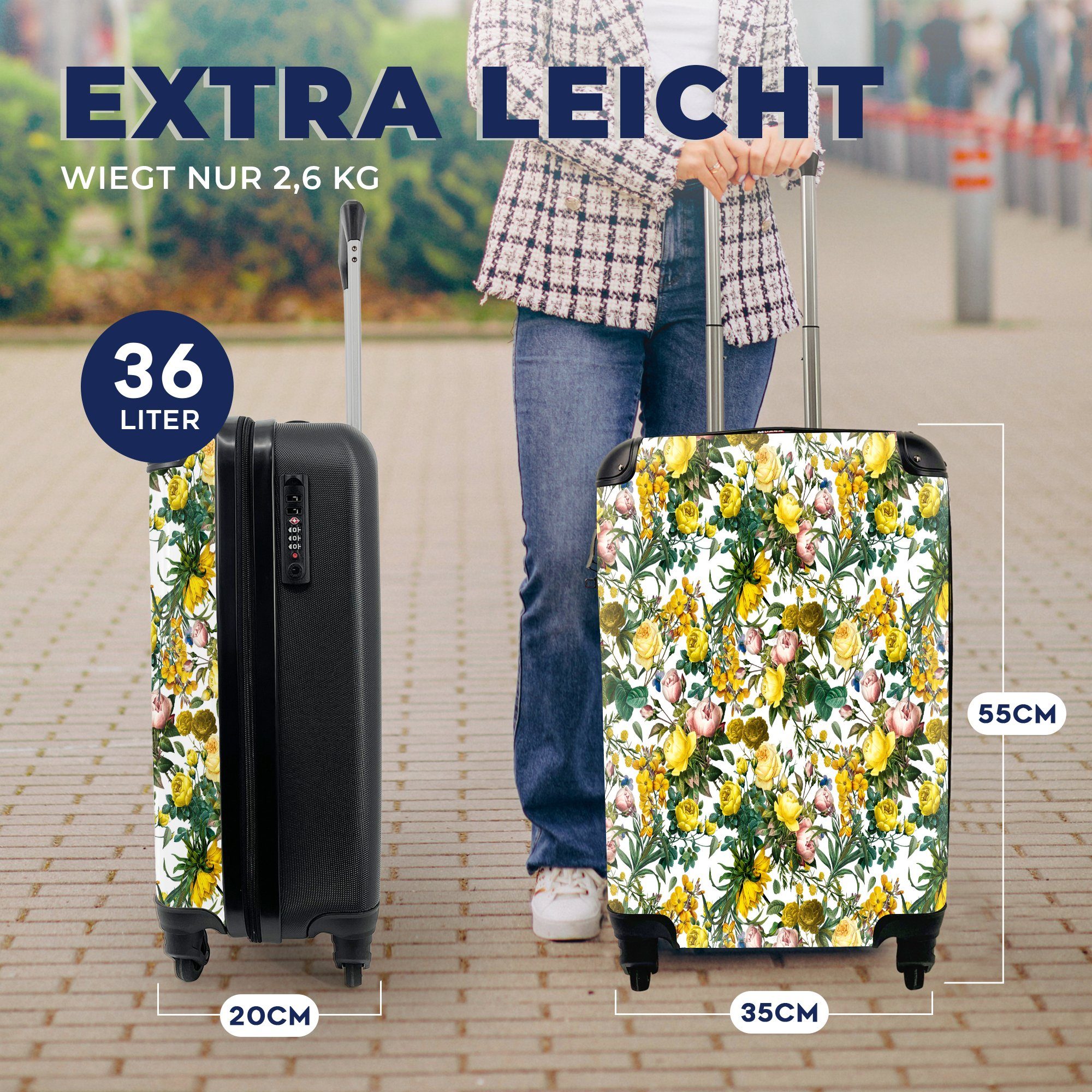 Blumen 4 Reisekoffer Rollen, Handgepäckkoffer für MuchoWow Handgepäck Gelb, rollen, Rosen - Reisetasche Trolley, Ferien, - mit