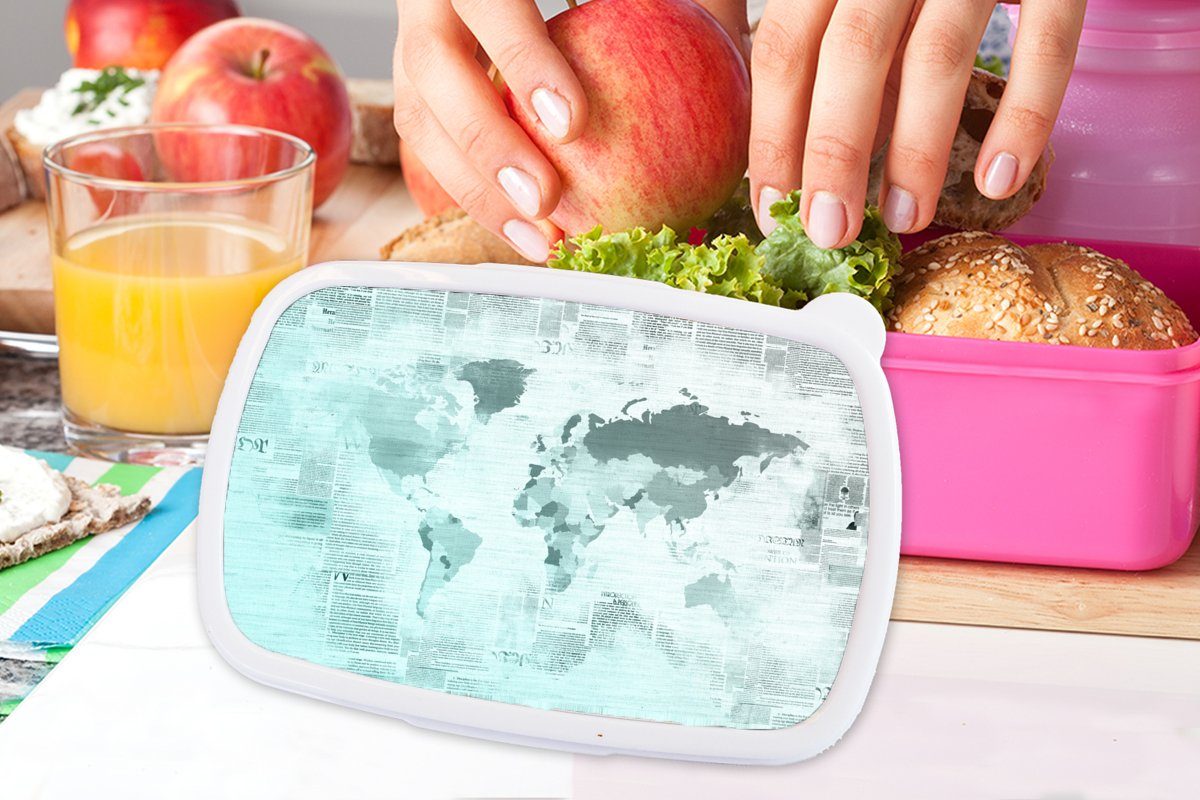 Kunststoff, Brotdose Weltkarte Zeitung Erwachsene, (2-tlg), Brotbox Mädchen, für Blau, - Kinder, Kunststoff Lunchbox Snackbox, MuchoWow rosa -