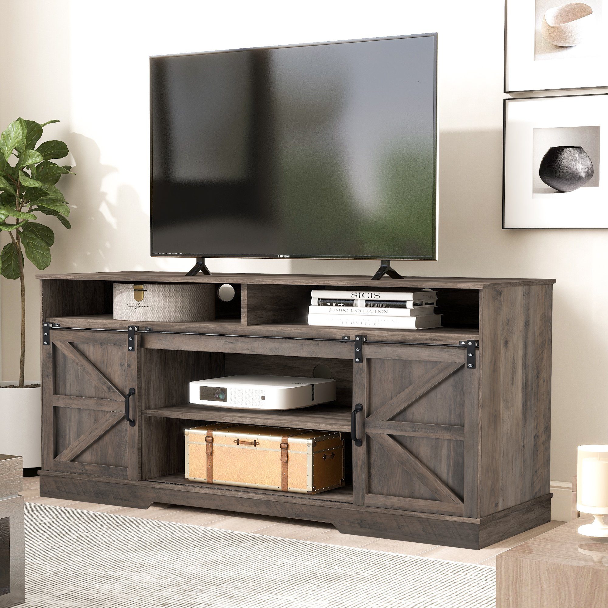 Waschgrau, 150*40*81,5 + Center Unterhaltungscenter (Kommode TV rustikales cm Stand Fernsehschrank klassisch Schrank 2 Beistellschrank WISHDOR Sideboard TV-Schrank TV Schiebetüren) Entertainment