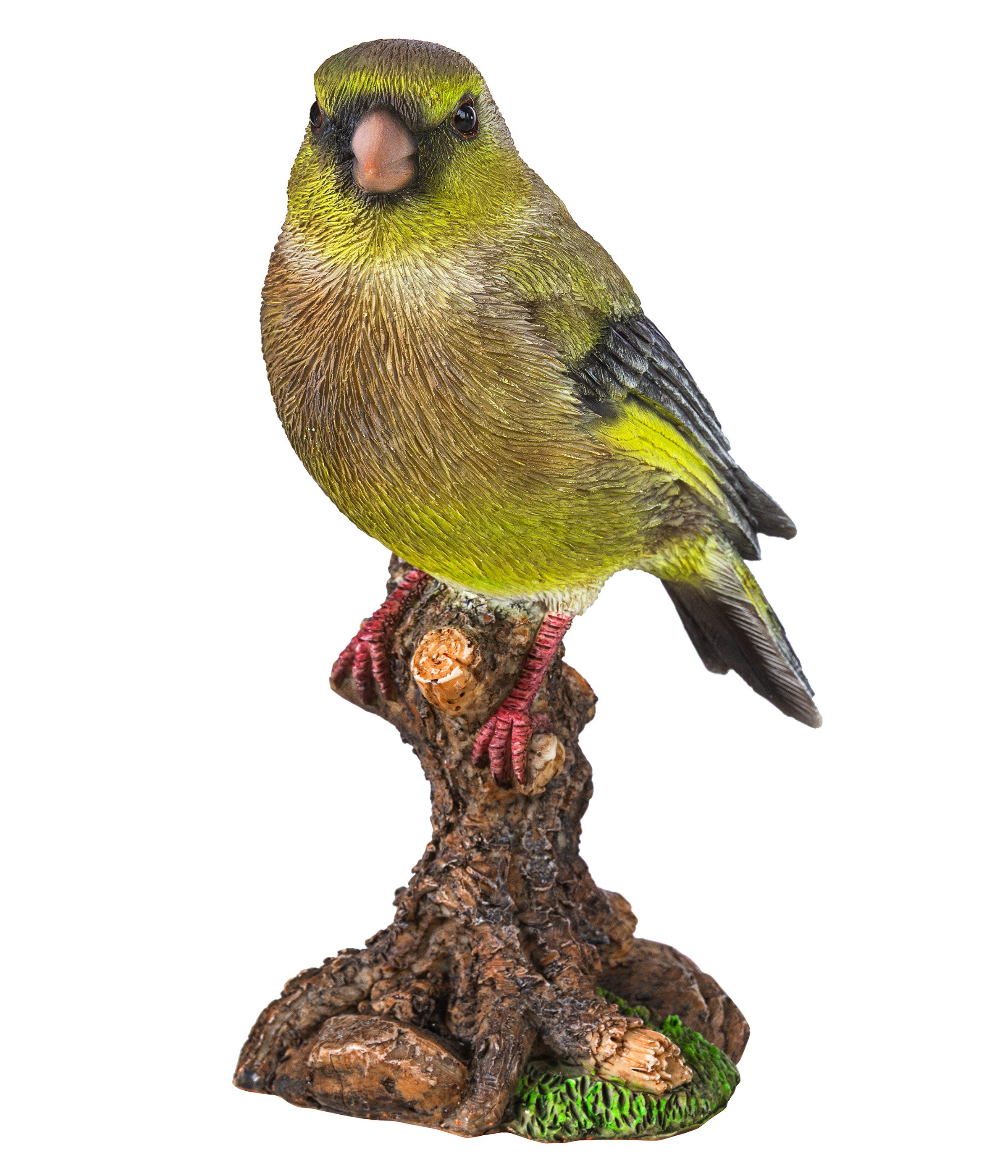 Dehner Gartenfigur Stieglitz auf Baumstumpf, 9.5 x 7.5 x 15 cm, Polyresin, handgefertigte Tierfigur, frostbeständig