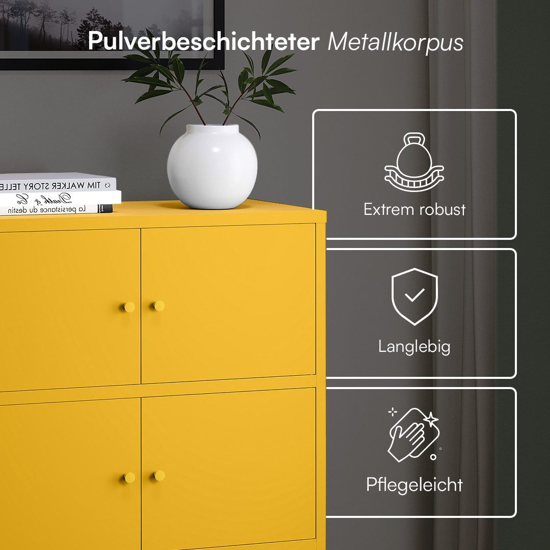 skølm Kommode Atriona aus Metall, Metallschrank mit Türen und Fächern (Senfgelb, 3 Fächer & 6 Türen), 113,5 x 80 x 38 cm, auch mit 2 Fächern – Bild 4 von 5