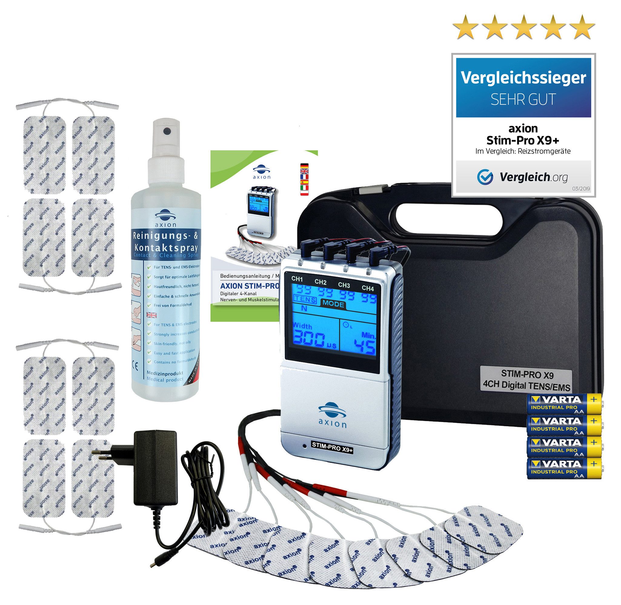 Axion TENS-EMS-Gerät 4 Kanal STIM-PRO X9+ TENS Gerät, TENS Schmerztherapiegerät, (Spar-Set), EMS Muskelaufbau, Massagegerät, Beckenbodentraining