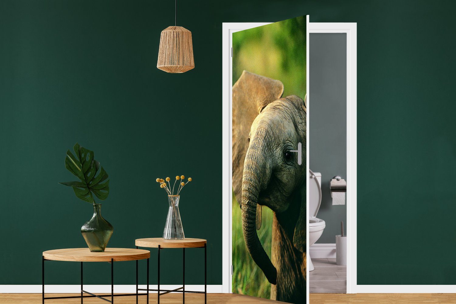 75x205 cm Elefant für Tür, (1 - Türaufkleber, bedruckt, St), Tiere - - Türtapete Grün MuchoWow Matt, Fototapete Natur,