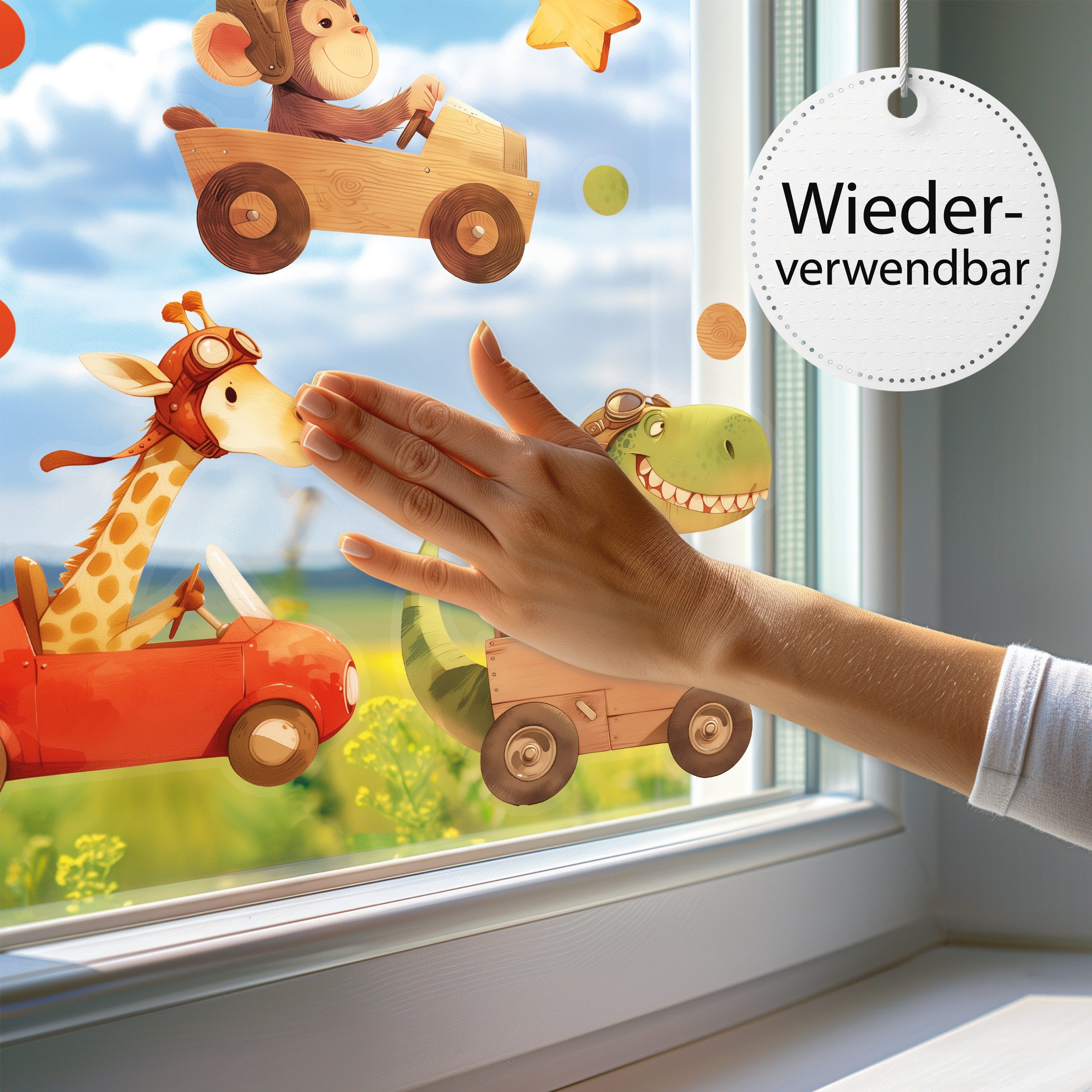 Sunnywall Fensterbild wiederverwendbares Fensterbild Wildtiere in Rennautos in Holz-Optik, wiederverwendbar, statisch haftend, beidseitiger Druck
